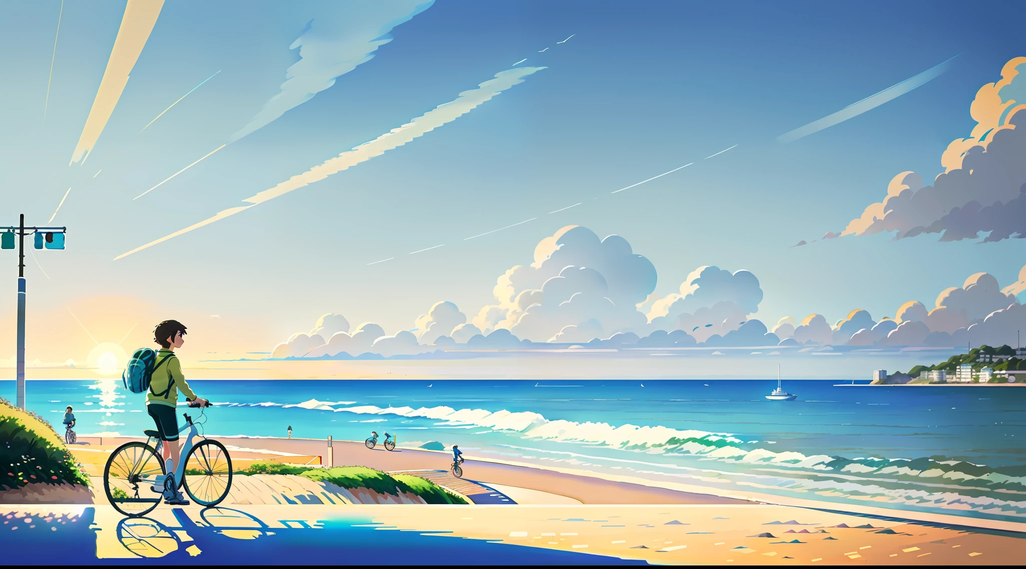 (bike: 1.8), (realistic bike: 1.7), (realistic cyclist: 1.7), (solo cyclist: 1.5) back cyclist in foreground, lofi landscape, seaside, along the beach, sun, landscape background, shadows, contrast, makoto shinkai (Best quality: 1.3), (Highres: 1) Art by Studio Ghibli Style, Impressionism