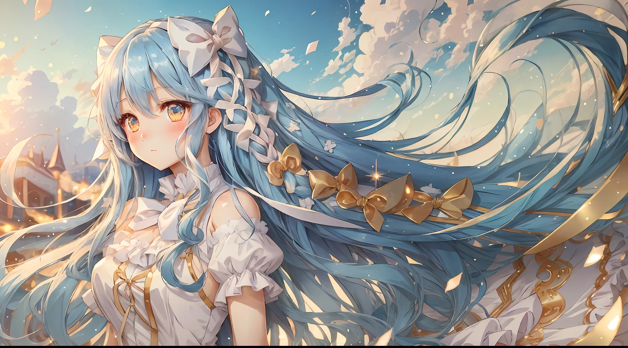 Anime style, high quality pictures, long blue hair, white skirt, golden eyes, blush, bow, white ribbon, beautiful girl --auto --s2