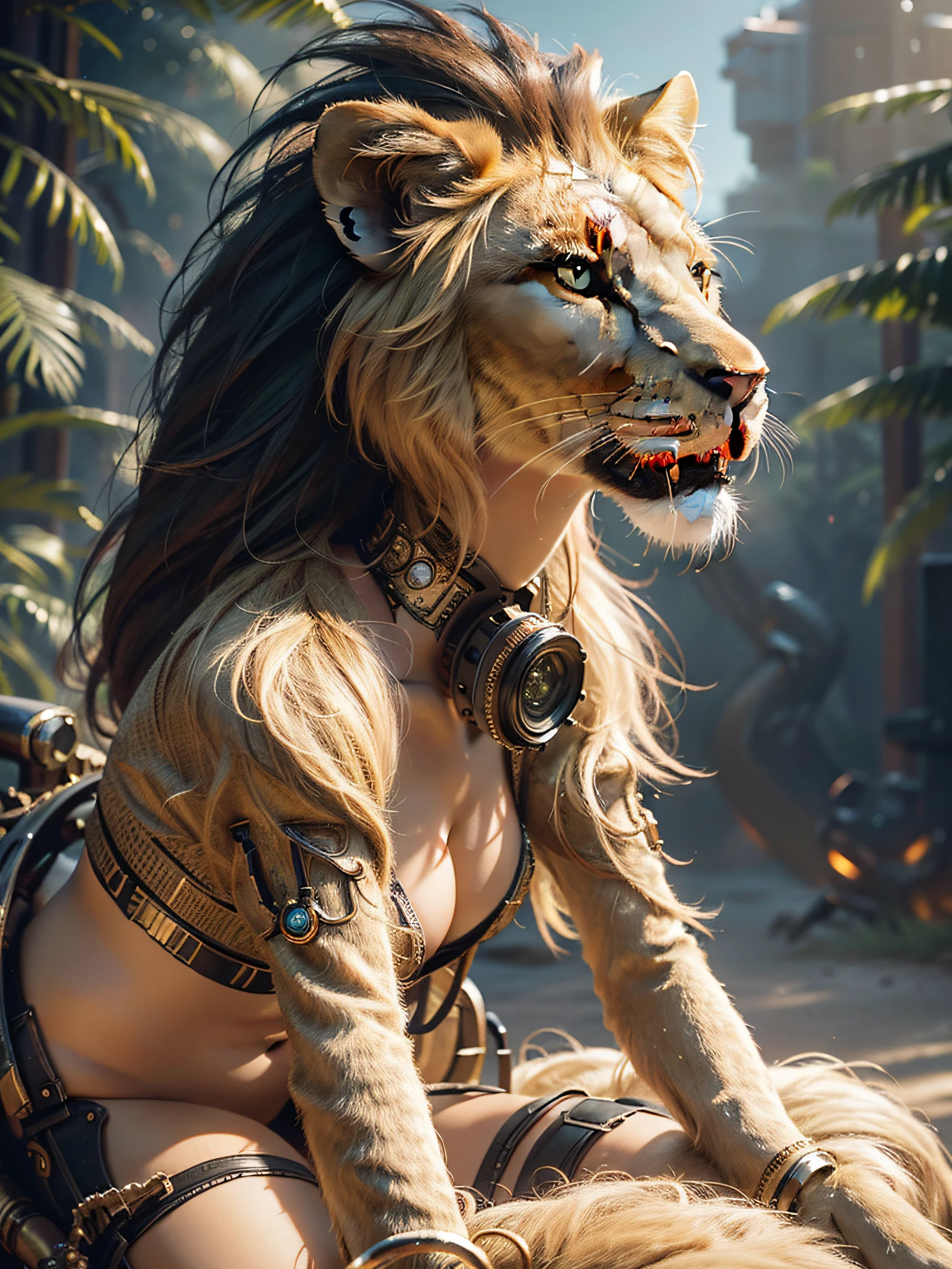meccog, full shot, full body, best quality, masterpiece, ultra high resolution (photorealistic: 1.4), absurd, cinematic lighting (best long shot of a mechanical girl), (koh_amberheard: 0.9) ,incredibly detailed face,fantasy sci-fi creature,hyper-realistic,steampunk,intricate design,incredibly detailed,fine detailing,beautiful,pretty face, girl riding on a lion,