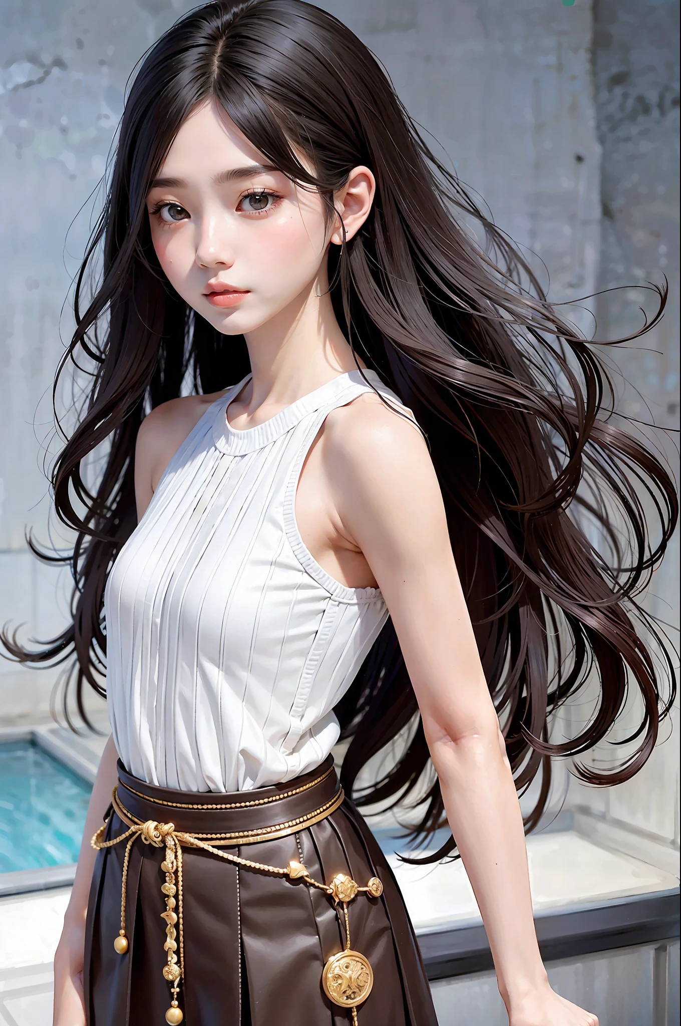 Top quality, masterpiece, black hair, brown eyes, mini skirt, upper body, hair strands, fair skin, long wavy hair, Japan woman, teenager,, thin arms, beautiful skin, shoulder clothes