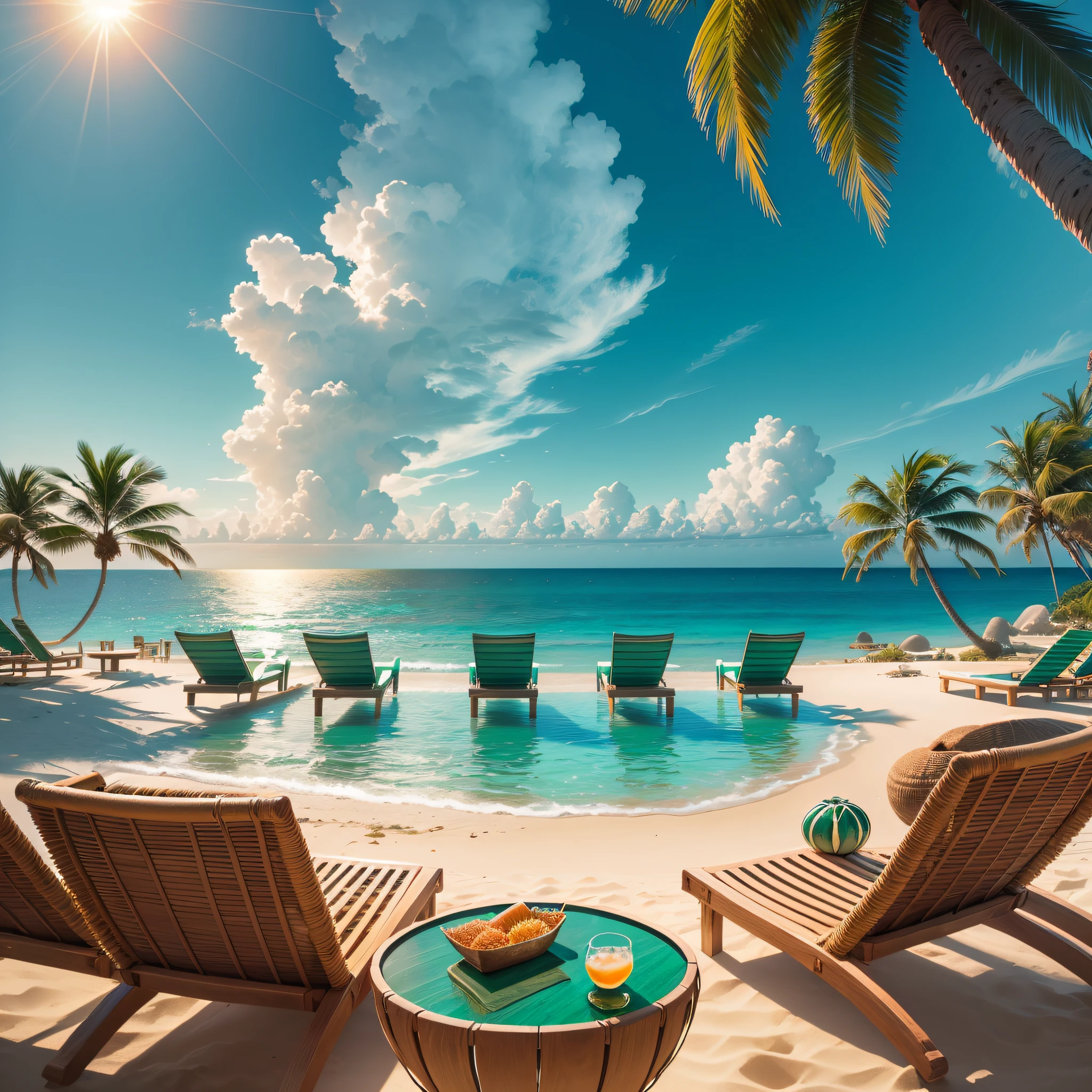 ((Crystal clear water)), ((sun-kissed sand)), ((emerald palm trees)), luxurious beach resort, Shakira, cocktail in hand, enjoying the peaceful sounds of the ocean waves crashing onto the shore. --auto --s2