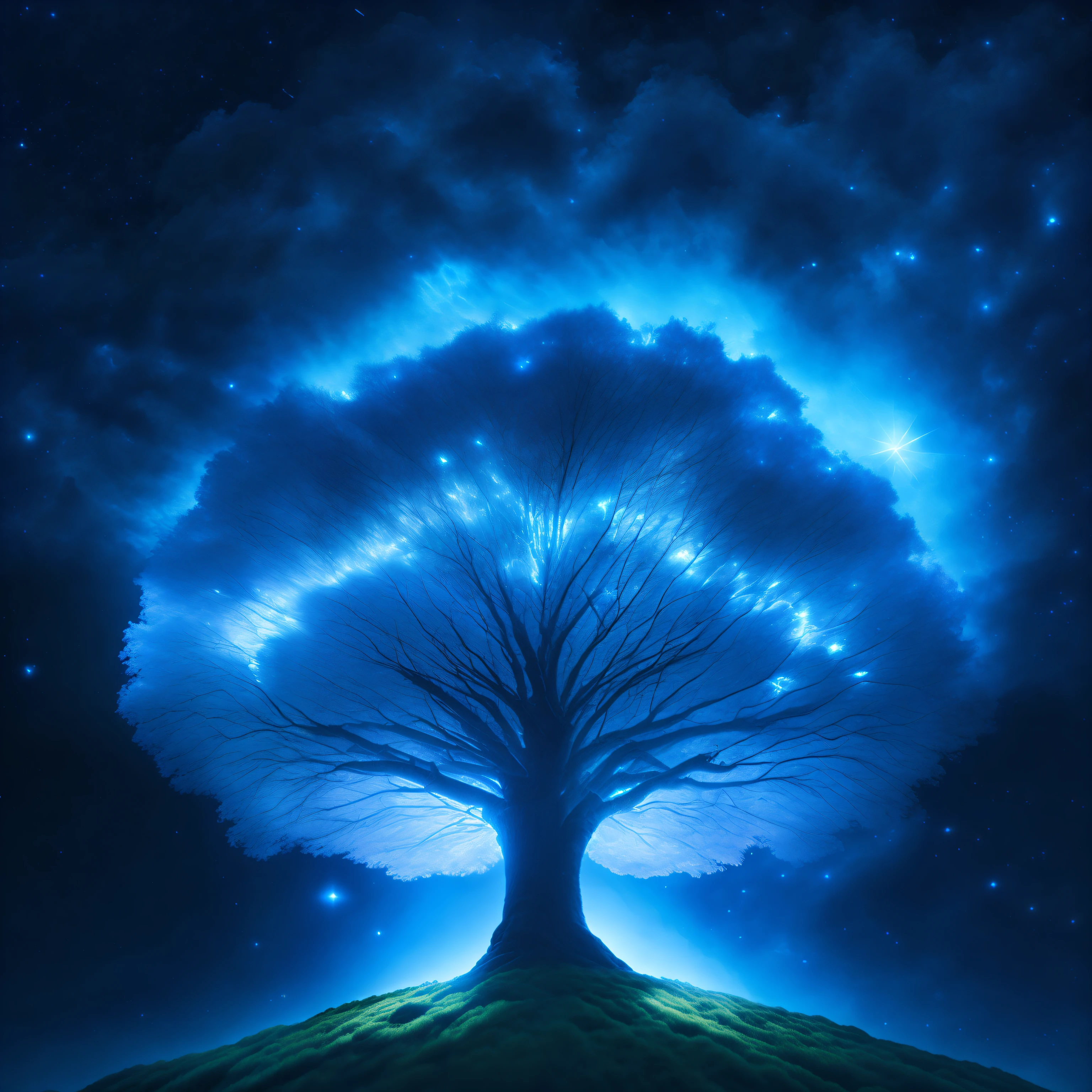 At night, a tree in the sky-high world tree, full of blue magic halo, reasonable structure, HD, 8k