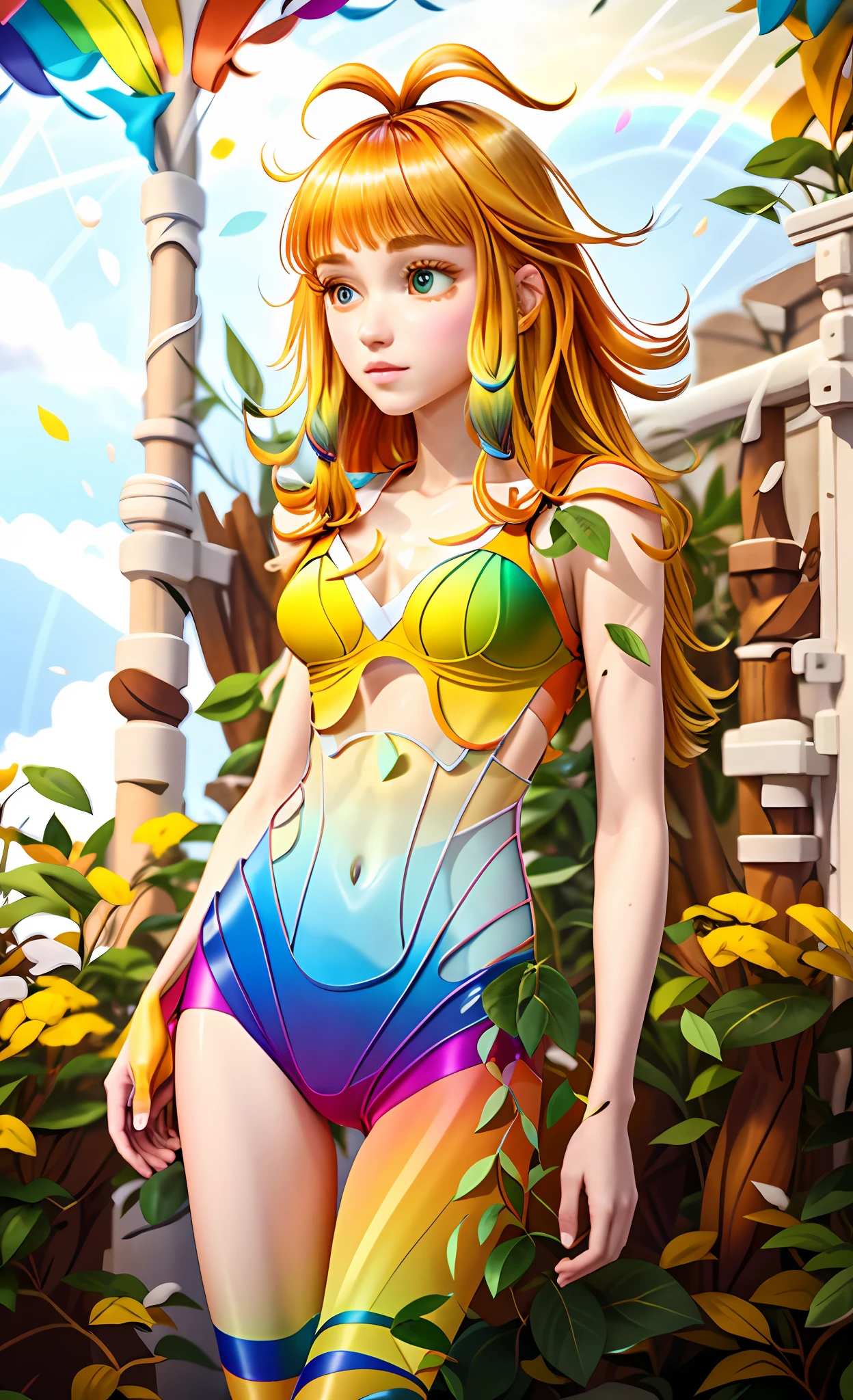 auburn eyes, yellow ombre hair, raining, fores scene, rainbow transparent clothing, (thigh gap)