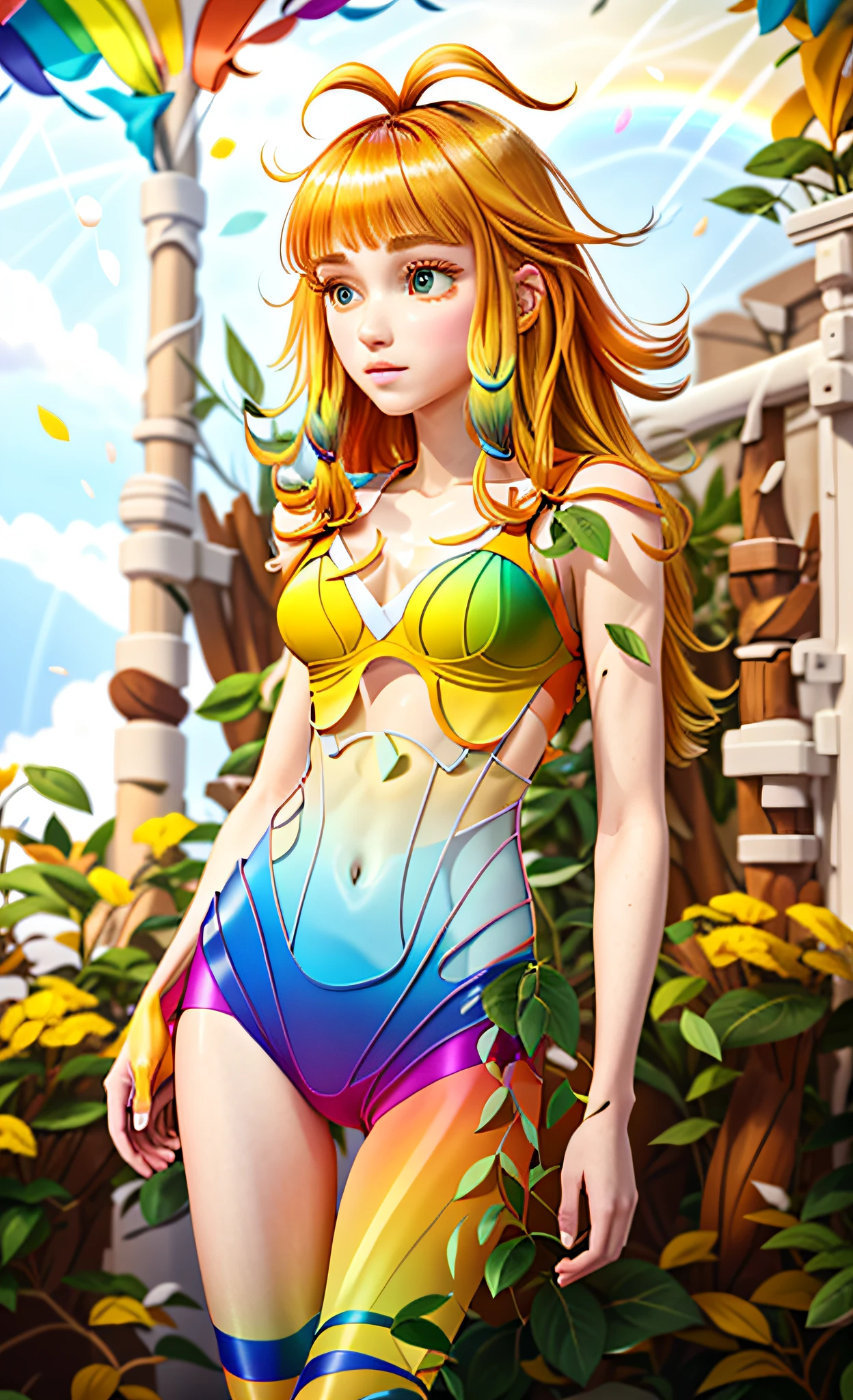 auburn eyes, yellow ombre hair, raining, fores scene, rainbow transparent clothing, (thigh gap)