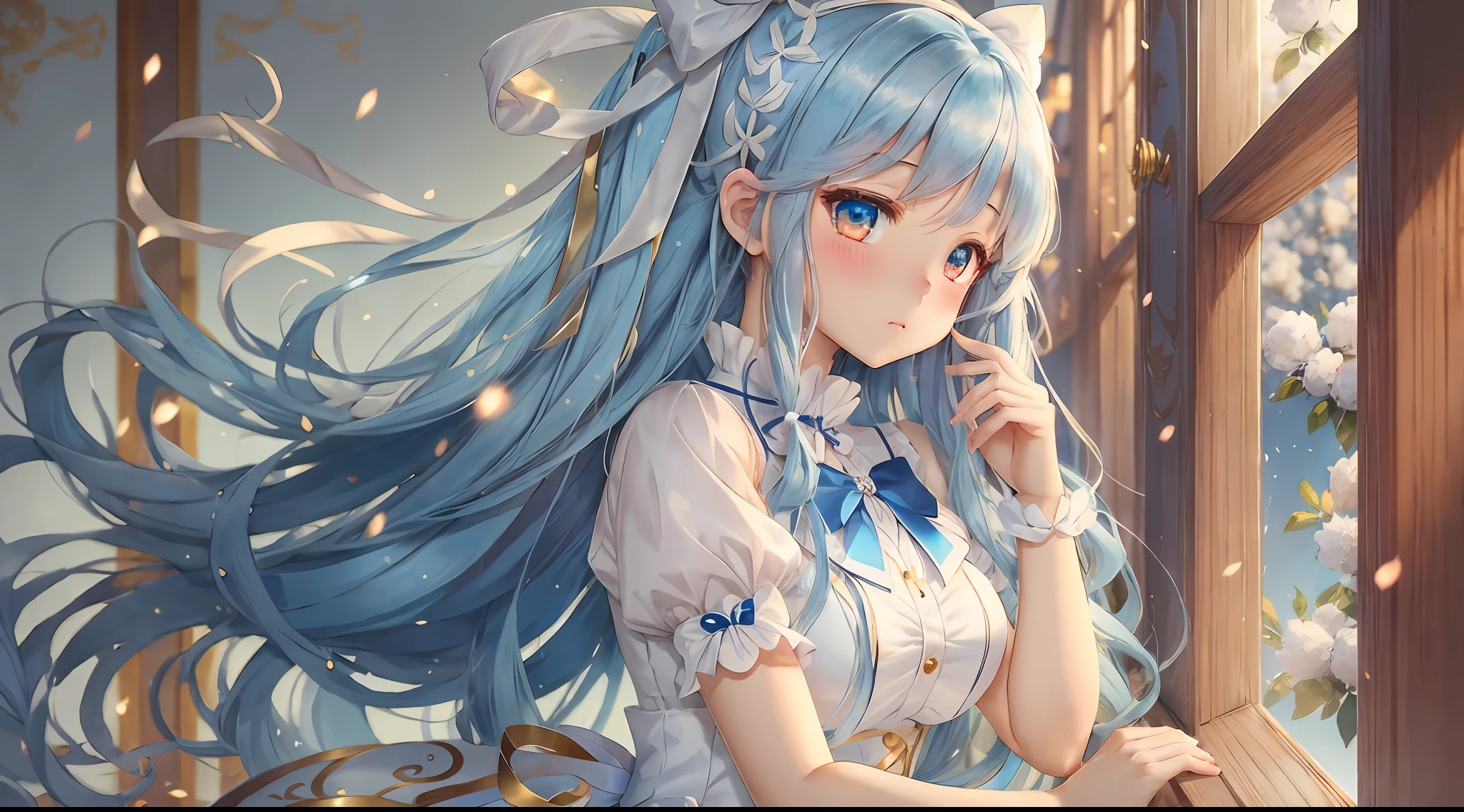 Anime style, high quality pictures, long blue hair, white skirt, golden eyes, blush, bow, white ribbon, beautiful girl --auto --s2