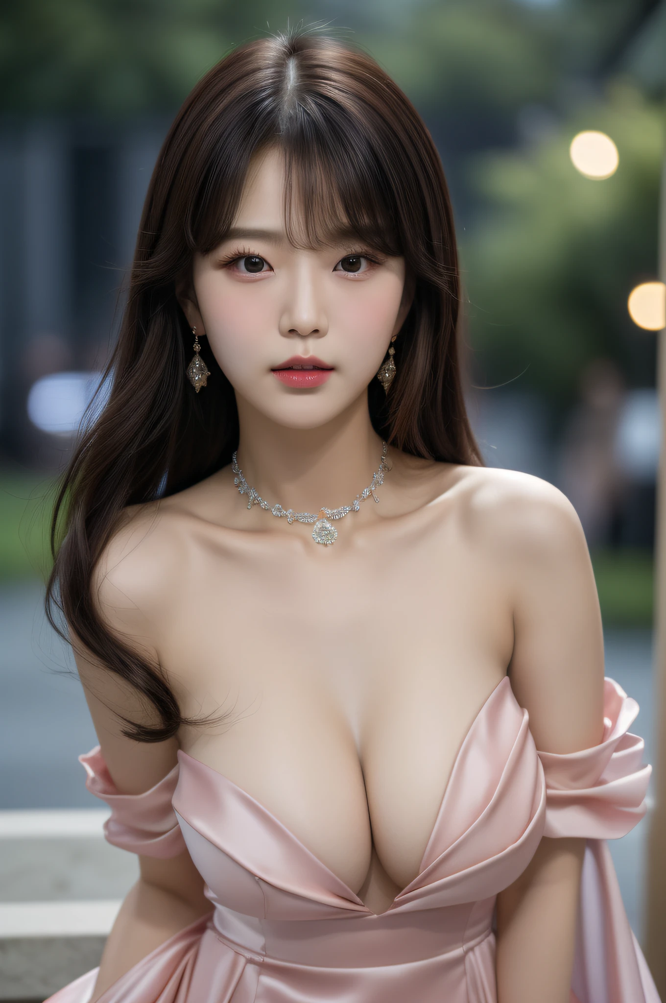 half-body photo of a korean girl, (Perfect beauty:1.37), ((platinum brown hair)), big(((perfect natural breasts))), cleavage, ((dynamic pose)), sexy collarbone, oval face, double eyelids, smart peach blossom eyes, pink lips, small nose, bangs, (standing), earrings, ribbon choker, bare shoulders, (((Slit Evening Gown))), (Outdoor, Night, Bokeh:1.125), Park view, Super fine face, Fine eyes, Double eyelids, (Clear focus), (Realistic lighting, Best quality, 8K, Masterpiece: 1.43),