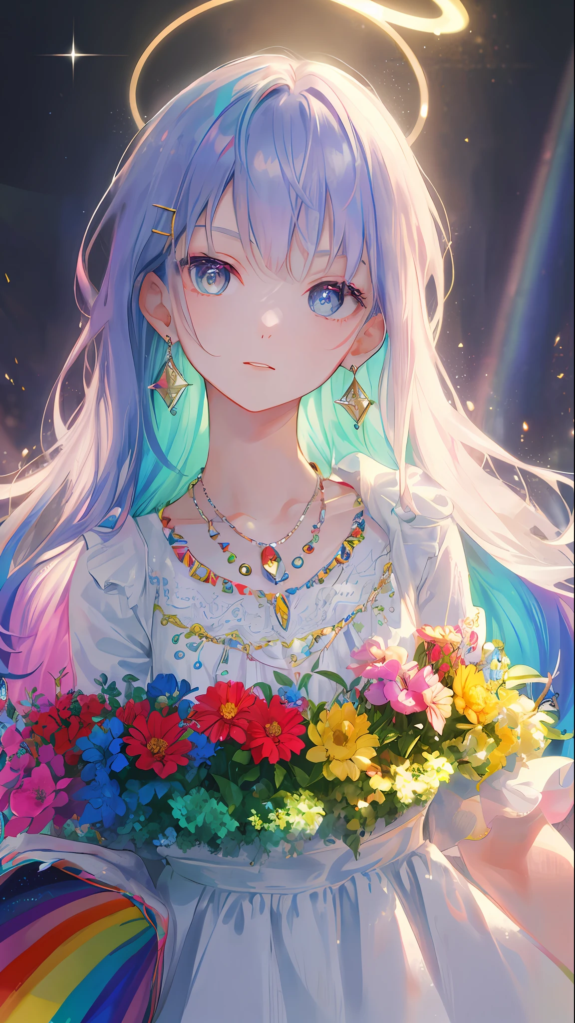Masterpiece, Superb Illustration, (Rainbow Hair: 1.1), Earrings, Necklace, Dress, 1girl, Cute, (Dynamic Light: 1.2), Cinematic Light, Delicate Facial Features, Detailed Eyes, Sharp Pupils, Realistic Pupils, Background Bokeh, Clear Focus, (Ultra Detailed, Halo, Glow: 1.4), Many Small Gems