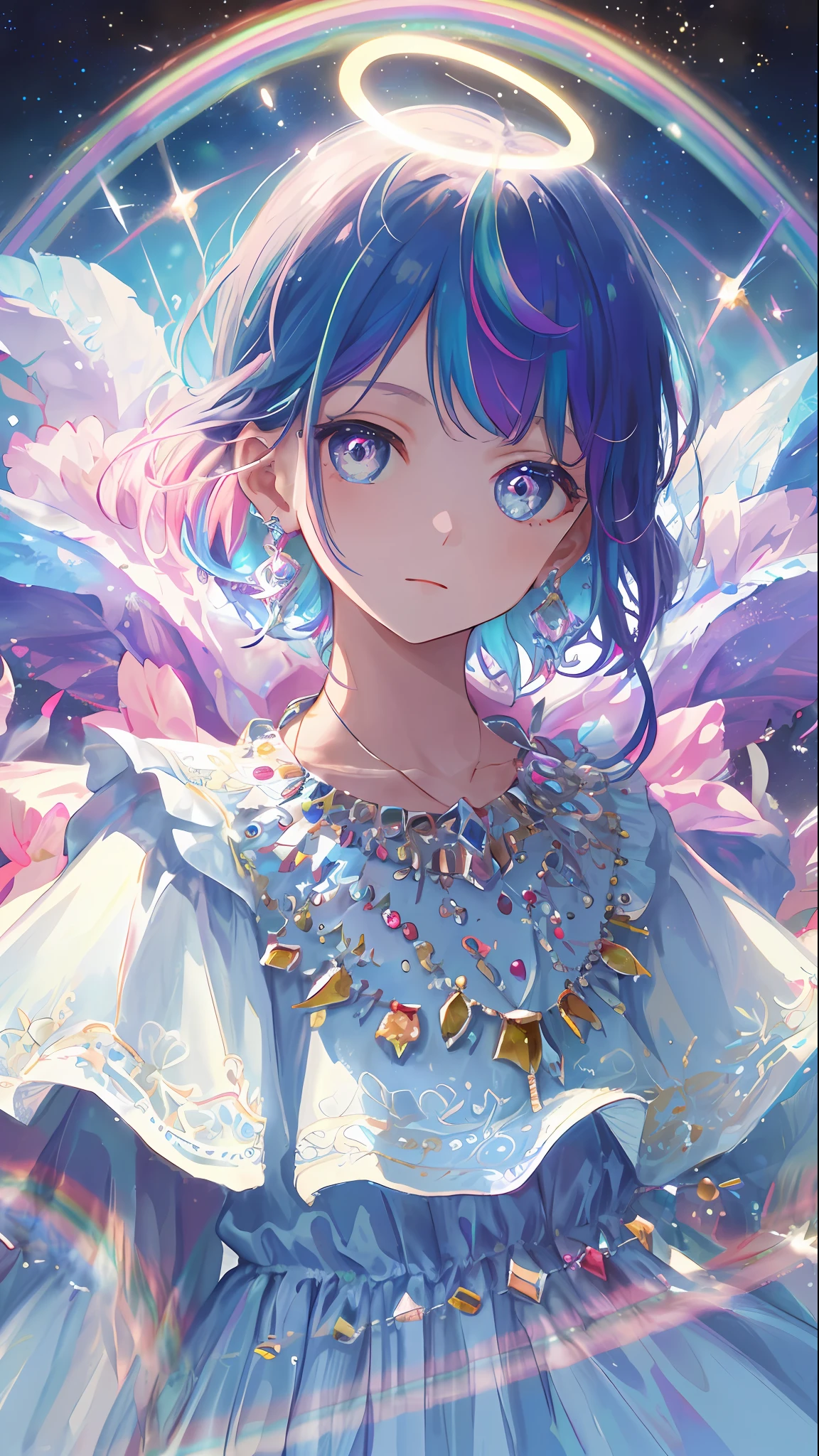 Masterpiece, Superb Illustration, (Rainbow Hair: 1.1), Earrings, Necklace, Dress, 1girl, Cute, (Dynamic Light: 1.2), Cinematic Light, Delicate Facial Features, Detailed Eyes, Sharp Pupils, Realistic Pupils, Background Bokeh, Clear Focus, (Ultra Detailed, Halo, Glow: 1.4), Many Small Gems