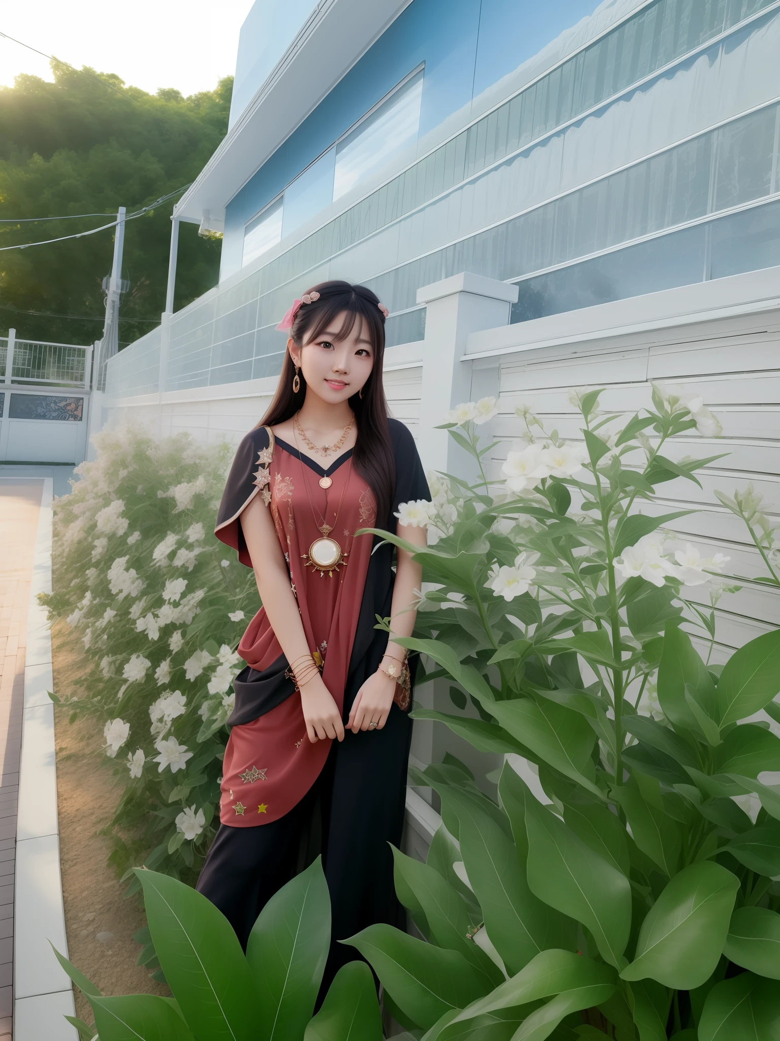 best quality, masterpiece, highres, 1girl,blush,(seductive smile:0.8),star-shaped pupils, cute brown eyes(hyper detailed), cute korean girl,necklace, jewelry,Beautiful face,upon_body, tyndall effect,photorealistic, dark studio, rim lighting, two tone lighting,(high detailed skin:1.2), 8k uhd, dslr, soft lighting, high quality, volumetric lighting, candid, Photograph, high resolution, 4k, 8k, Bokeh, chiaroscuro lightning effect