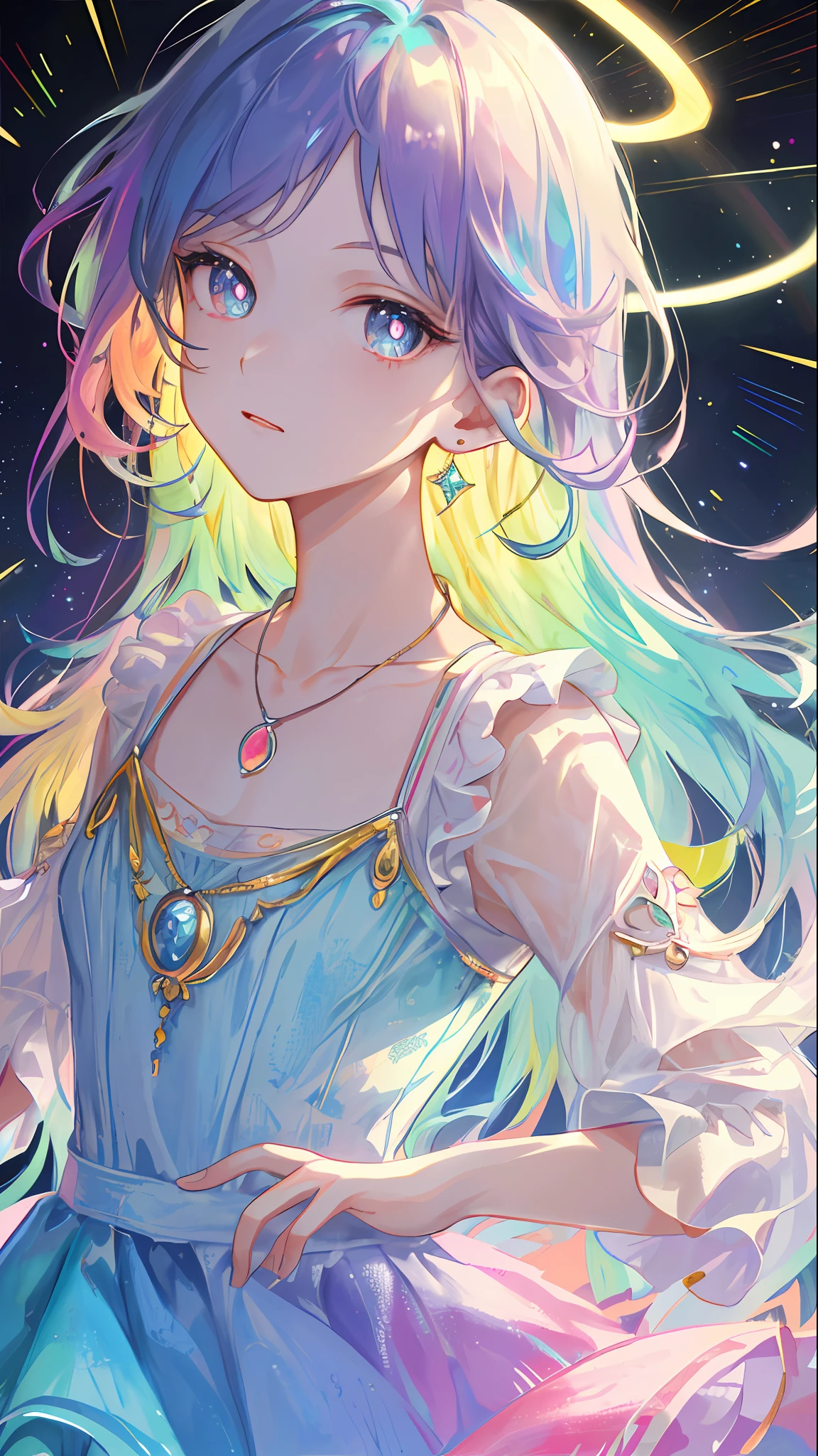 Masterpiece, Superb Illustration, (Rainbow Hair: 1.1), Earrings, Necklace, Dress, 1girl, Cute, (Dynamic Light: 1.2), Cinematic Light, Delicate Facial Features, Detailed Eyes, Sharp Pupils, Realistic Pupils, Background Bokeh, Clear Focus, (Ultra Detailed, Halo, Glow: 1.4), Many Small Gems