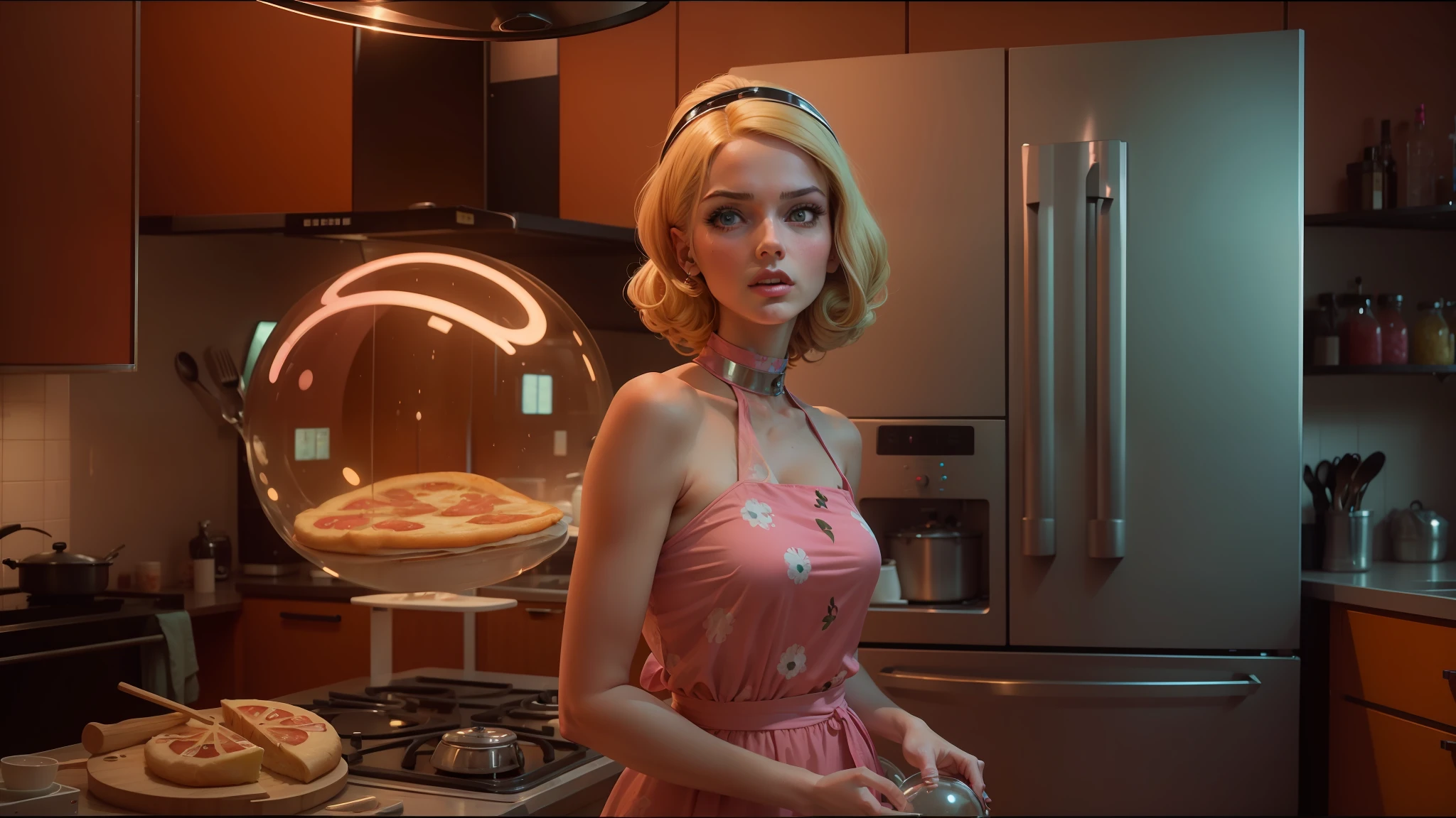 blond woman in a pink dress standing in a kitchen with a glass globe, cinematic still in adam | unity, hi - fructose art magazine, love death and robots, nouvelle vague style, greg hildebrant, mars attacks, cooking pizza, pulp noir, girl screamin yolo - aesthetic, muse, cp2077, napa, 36864k film --auto --s2