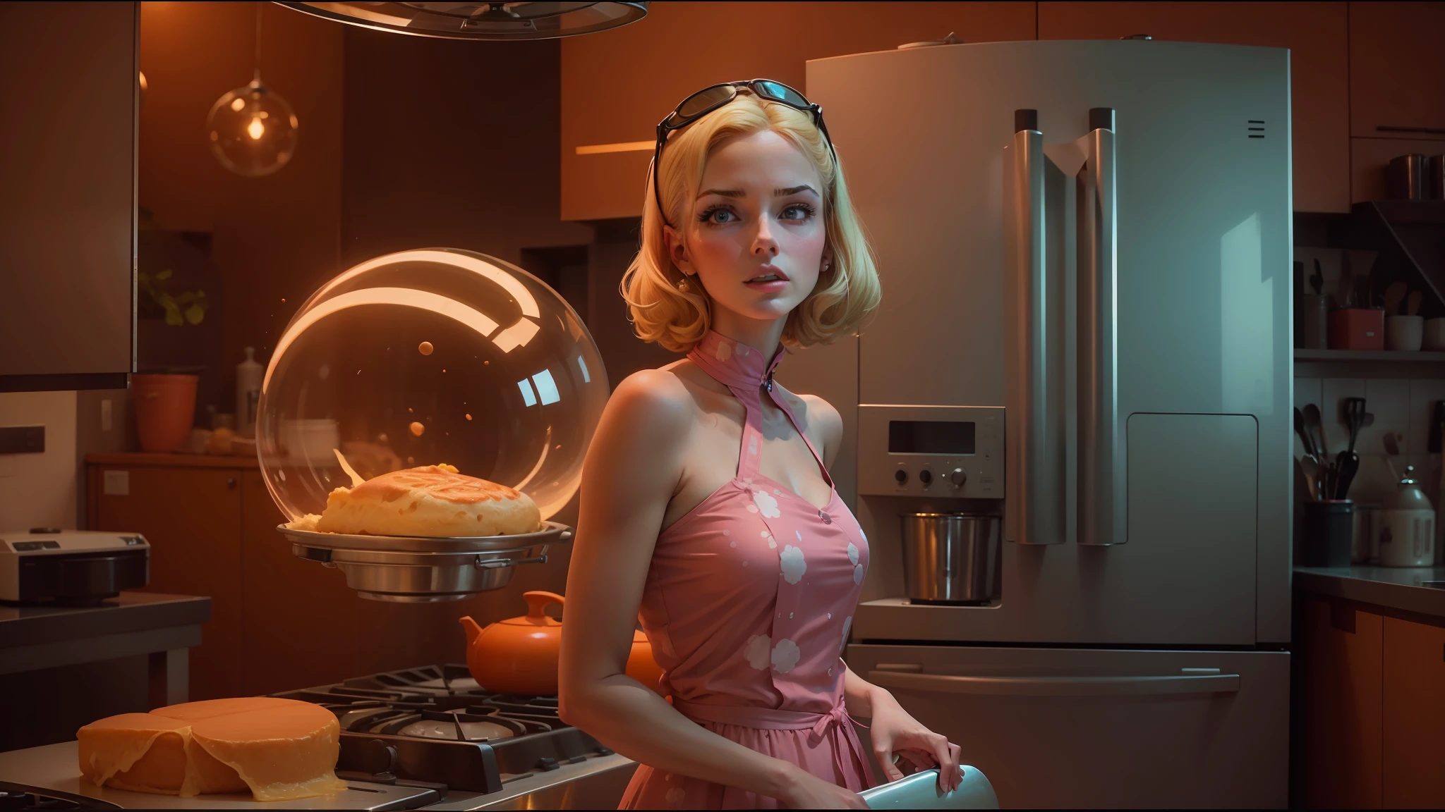 blond woman in a pink dress standing in a kitchen with a glass globe, cinematic still in adam | unity, hi - fructose art magazine, love death and robots, nouvelle vague style, greg hildebrant, mars attacks, cooking pizza, pulp noir, girl screamin yolo - aesthetic, muse, cp2077, napa, 36864k film --auto --s2