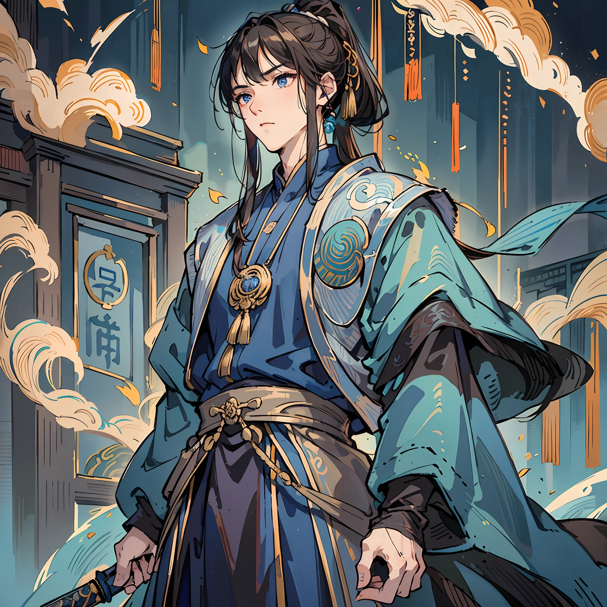 Masterpiece, Excellent, Daytime, 1 Man, Chinese Style, Ancient China, Chinese Court, Eagle, Turquoise Brown Hair, Gray-Blue Eyes, Split Hair, Long Hair, Long Bangs, High Ponytail, Handsome, Handsome, Serious, Gentle, Tall, Quiet, Dark Clothes, Gray-Blue Clothes, Dark Blue Clothes, Prince, Sword, Looking Down --auto --s2