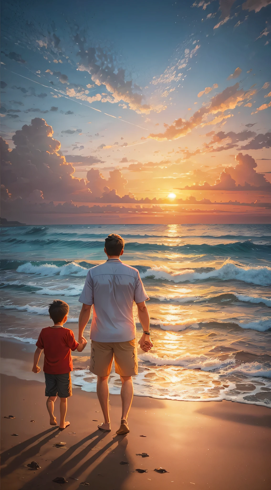 A heartwarming scene: father and son holding hands, strolling by the sea, watching the sunset, listening to the sound of the crashing waves, the  boy staring intently at the scenery in front of him, and the father smiling at his son --auto --s2