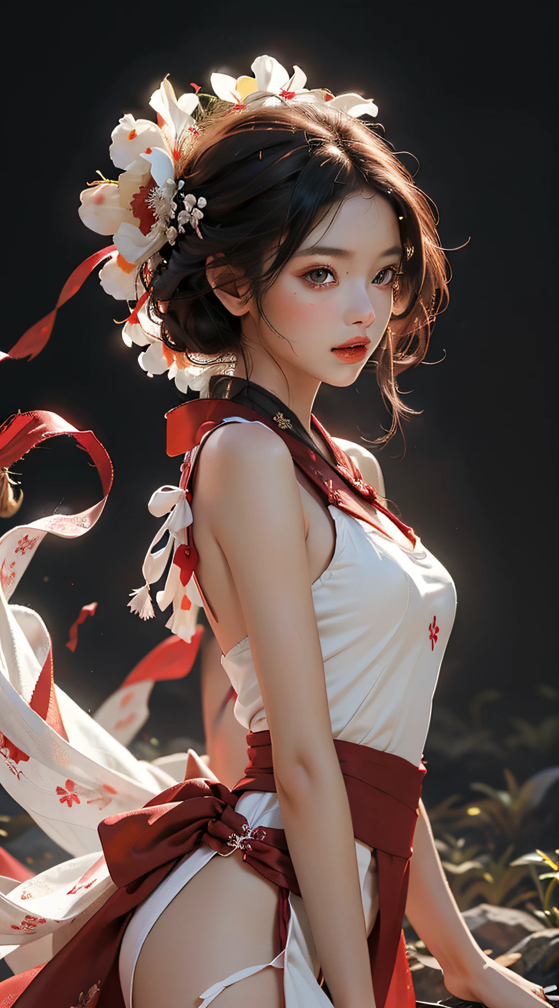 Super high quality, masterpiece, perfect illustration, extreme detail (exquisite light and shadow, highly dramatic picture,) Stroke, 1 girl, solo, (wearing red, black and white Hanfu,) flower field, flowers, (white smoke:1.3) (Realistic:1.4), Zen entanglement, tangled, official art, Unity 8k wallpaper, super detailed, beautiful and beautiful, masterpiece, best quality, (dynamic angle: 1.4), glowing skin, (floating colorful flashes: 1) the most beautiful chaotic forms, elegant, brutalist design, Bright colors, romantic depth of field exotic_dance, half_naked