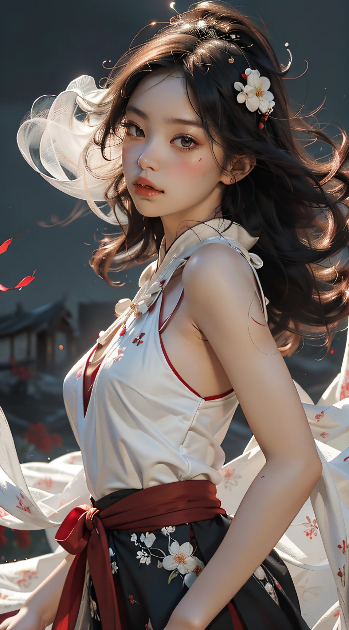 Super high quality, masterpiece, perfect illustration, extreme detail (exquisite light and shadow, highly dramatic picture,) Stroke, 1 girl, solo, (wearing red, black and white Hanfu,) flower field, flowers, (white smoke:1.3) (Realistic:1.4), Zen entanglement, tangled, official art, Unity 8k wallpaper, super detailed, beautiful and beautiful, masterpiece, best quality, (dynamic angle: 1.4), glowing skin, (floating colorful flashes: 1) the most beautiful chaotic forms, elegant, brutalist design, Bright colors, romantic depth of field exotic_dance, half_naked