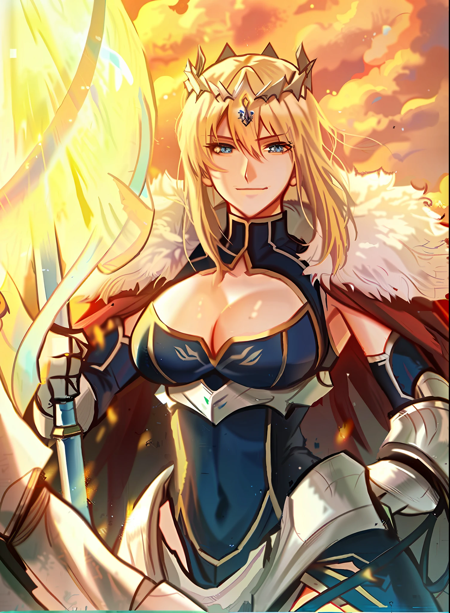 A woman in a blue dress holding a sword and a sword, Artoria Pendragon, anime style like Fate/Stay Night, Fate Grand Order, Fate Zero, Fate/Stay Night, Fate/Zero, Fate Stay Night, Pin on Anime, Knights of Zodiac Girl, Gorgeous Female Paladin, Portrait Knights of Zodiac Girl, Female Anime Character, She Is Holding a Sword. Original character, 1girl, (crazy smile: 1.2), blonde hair, bangs, crazy eyes, hands on face, yellow blood splatter, yellow and black color scheme, open mouth, (wide eyes: 1.2), bright eyes, left star-shaped eye, star-shaped eye, blue eyes, blue eyes. With defined abdomen.