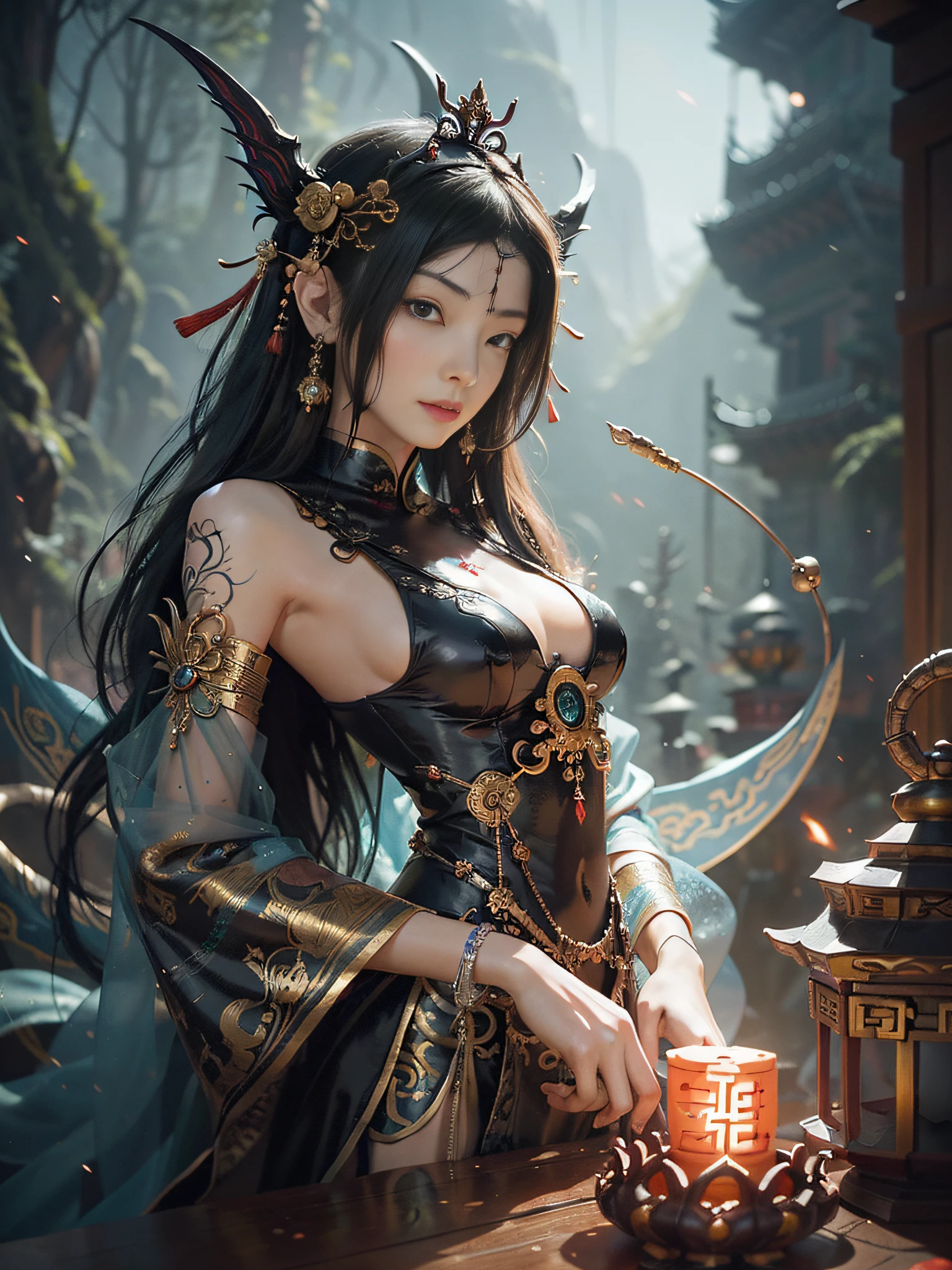 (((stunning atmosphere))),(Real extraterrestrial gods from Chinese Buddhism:1.3). (((extreme long shot:1.4))),cyborg godness,gothic, dark, intricate, elegant,symbolism, imagination,daydreams and nightmares, jellyfish phoenix,surreal landscape,Illustration from Fairy tale world,Chinese goblins, ancient Chinese myths and legends, Chinese Taoism, Tibetan Buddhist mythological beasts, Bodhisattvas,artstation. deviantart.rendered by binx.ly, by ilya kuvshinov, greg rutkowski and makoto shinkai, trending on artstation,
