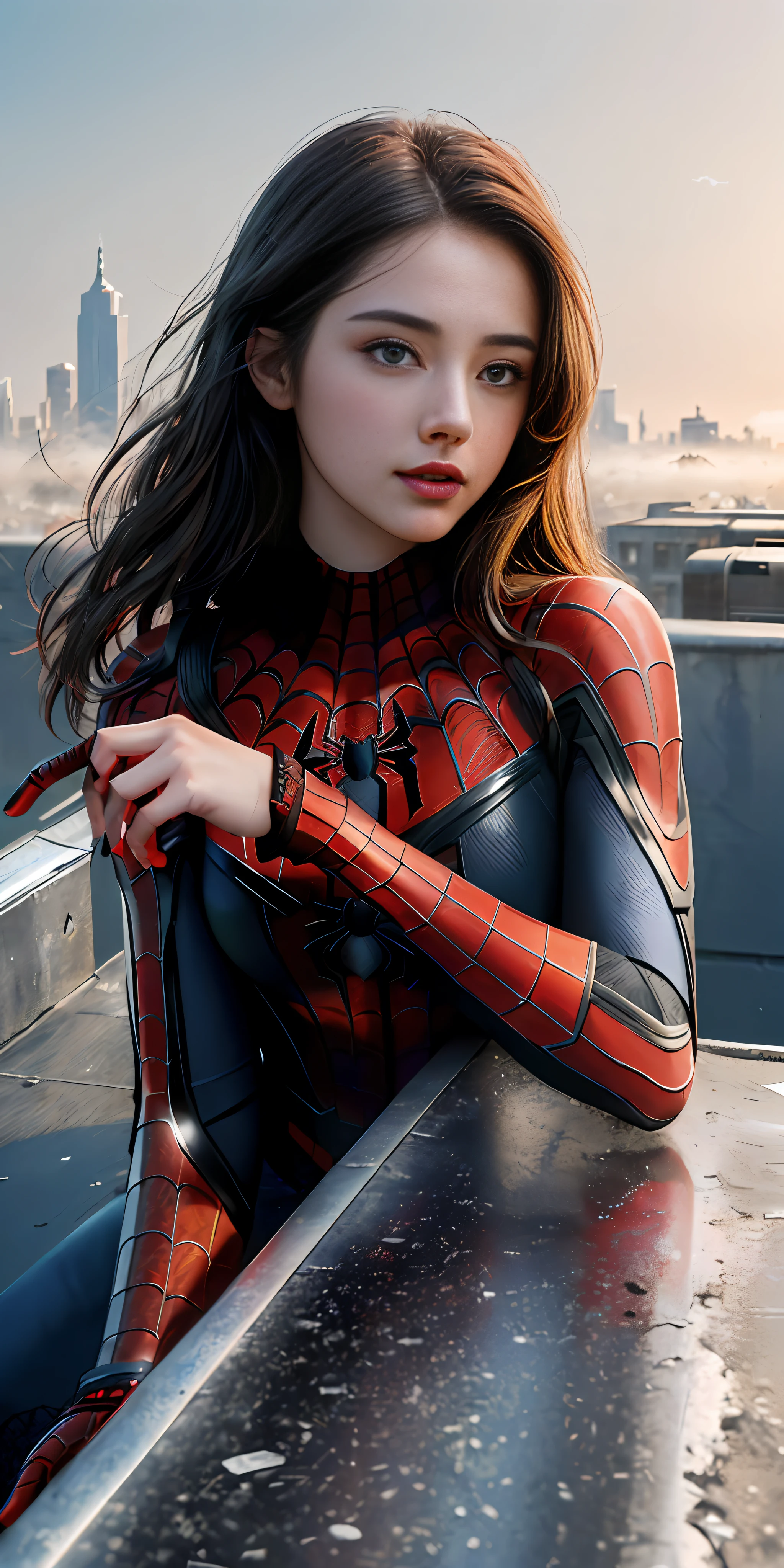 (1girl:1.3), Solo, (((Very detailed face)))), ((Very detailed eyes and face)))), Beautiful detail eyes, Body parts__, Official art, Unified 8k wallpaper, Super detailed, beautiful and beautiful, beautiful, masterpiece, best quality, original, masterpiece, super fine photo, best quality, super high resolution, realistic realism, sunlight, full body portrait, amazing beauty, dynamic pose, delicate face, vibrant eyes, (from the front), She wears Spider-Man suit, red and black color scheme, spider, very detailed city roof background, rooftop, overlooking the city, detailed face, detailed complex busy background, messy, gorgeous, milky white, highly detailed skin, realistic skin details, visible pores, clear focus, volumetric fog, 8k uhd, DSLR, high quality, film grain, fair skin, photo realism, lomography, futuristic dystopian megalopolis, translucent