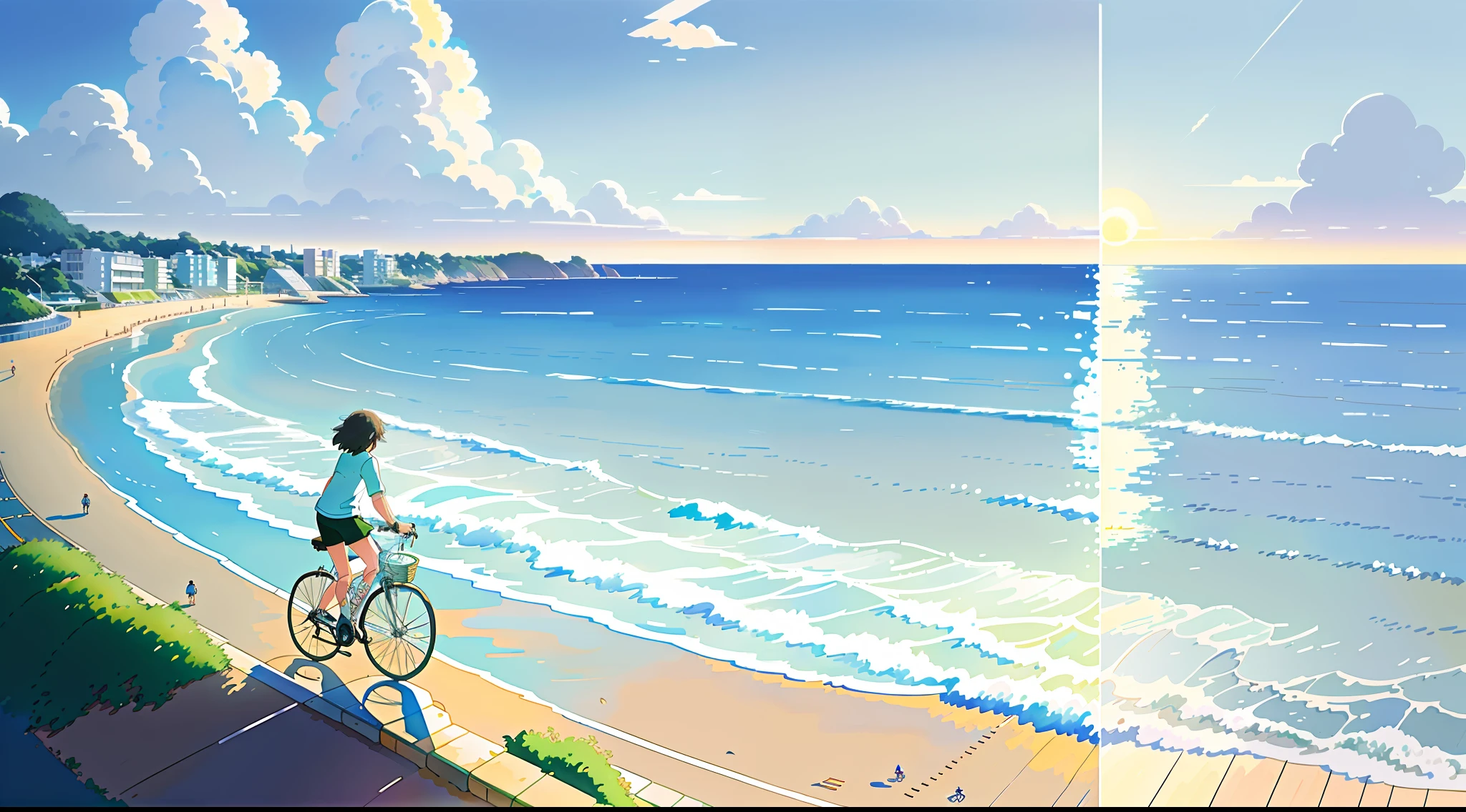 (bike: 1.5), (realistic bike: 1.5), (realistic cyclist: 1.5), back in the foreground, seaside, along the beach, lofi landscape, sun, landscape background, shadows, contrast, makoto shinkai (Best Quality:1.3), (Highres:1) Art by Studio Ghibli Style, Impressionism, Solitude