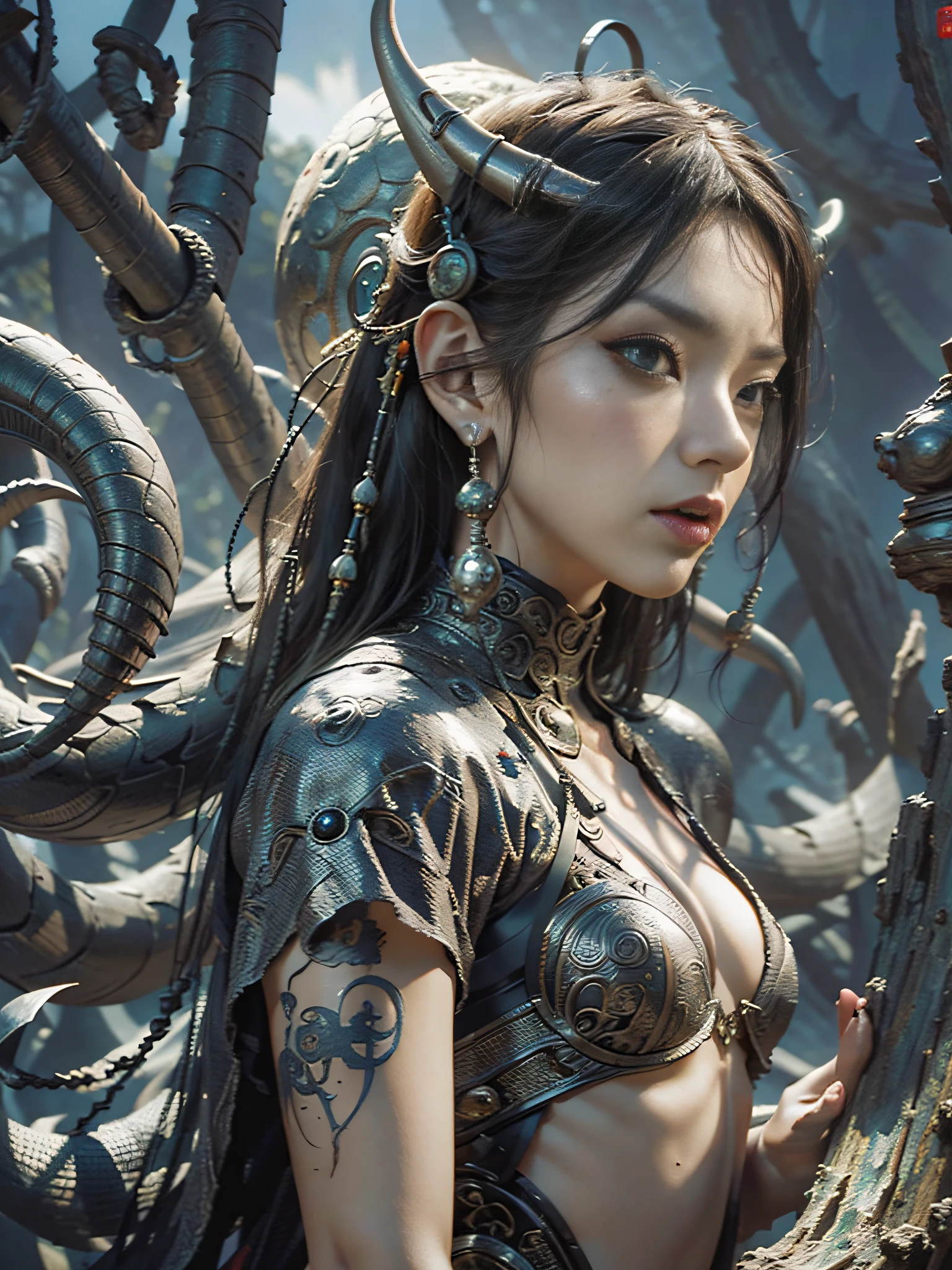 (((Awesome atmosphere))), (Real Alien Gods:1.3). (((extreme shot: 1.4))), cyborg goddess, gothic, dark, intricate, elegant, symbolism, imagination, daydreams and nightmares, phoenix medusa, surreal landscape, fairytale world illustration, goblins, ancient myths chinese and legends, mythological beasts, artstation. deviantart.rendered by binx.ly, by ilya kuvshinov, greg rutkowski and makoto shinkai, trending on artstation,