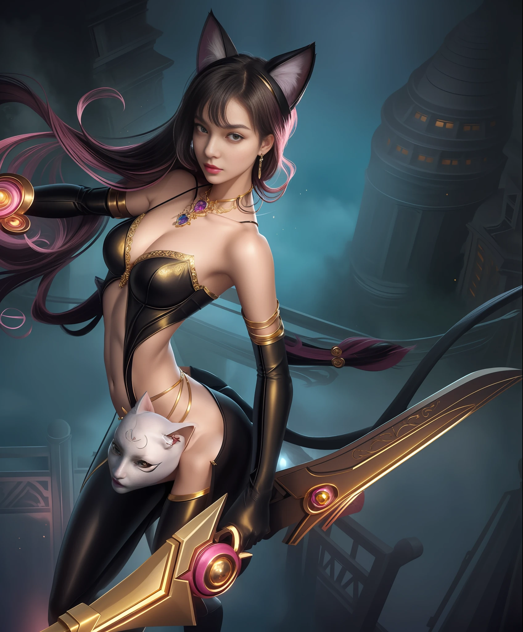 ((Catwoman close-up, with a sword)) A mature woman with a cat mask on her legs, (from below: 1.5) (pink: eyes + hair) (((at height: 1.2))) (legs open)))) (strapless underwear + openwork transparent design inspired by Victoria's Secret), (broken + clothing: 1.5) (yoga + open legs: 1.5), (krounchana: 1.5) hips ((lower chest + upright under bra)), ( Double Eyelids) (Delicate Makeup) (Fantasy: 1.2), Dragon Element, (Mythology: 1.5), Exposed Navel, Tethered Panties, (Large Panorama: 4), Wide Angle, (Dramatic: Pose), (Ethereal: Lighting), (Mysterious: Atmosphere), (Complex: Details), (Carefully Crafted Hair + Design), (Ancient Relics), Princess (Elaborate Gold Necklace Bracelet Earrings Gemstone Pendant Inspired by Harry Winston) (Hallow: Radiance), (Spiritual Essence) (Evocative: Express), (bold: brush strokes), (epic: proportional) masterpiece up to 16k quality --s2