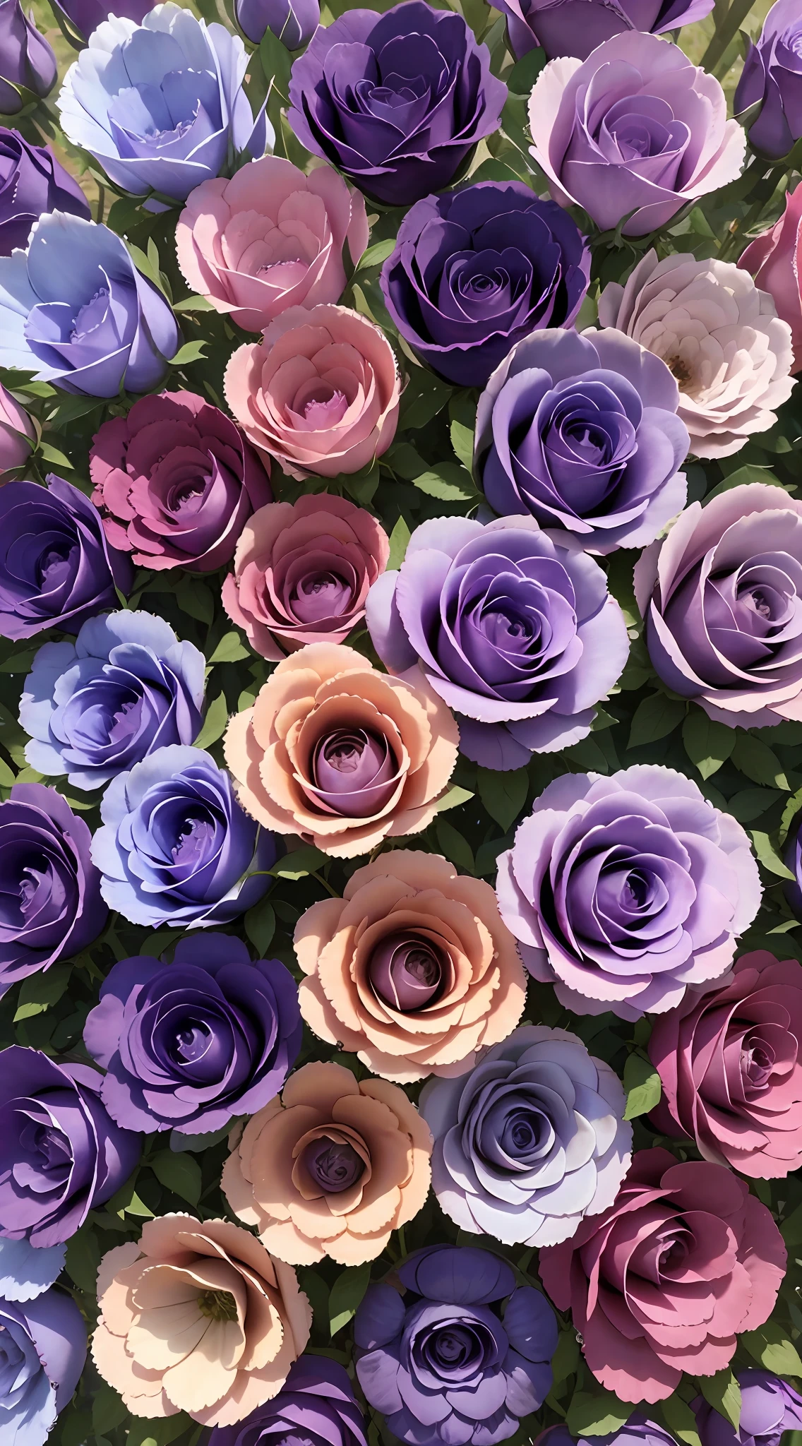 On a sunny day, 1000 purple roses bloom, beautiful petals, transparent, aerial photography, soft, soft, romantic, quiet, delicate, ultra-high resolution and ultra-HD panoramic images, photo realistic, 16K --v 5 --ar 2:3 --auto --s2