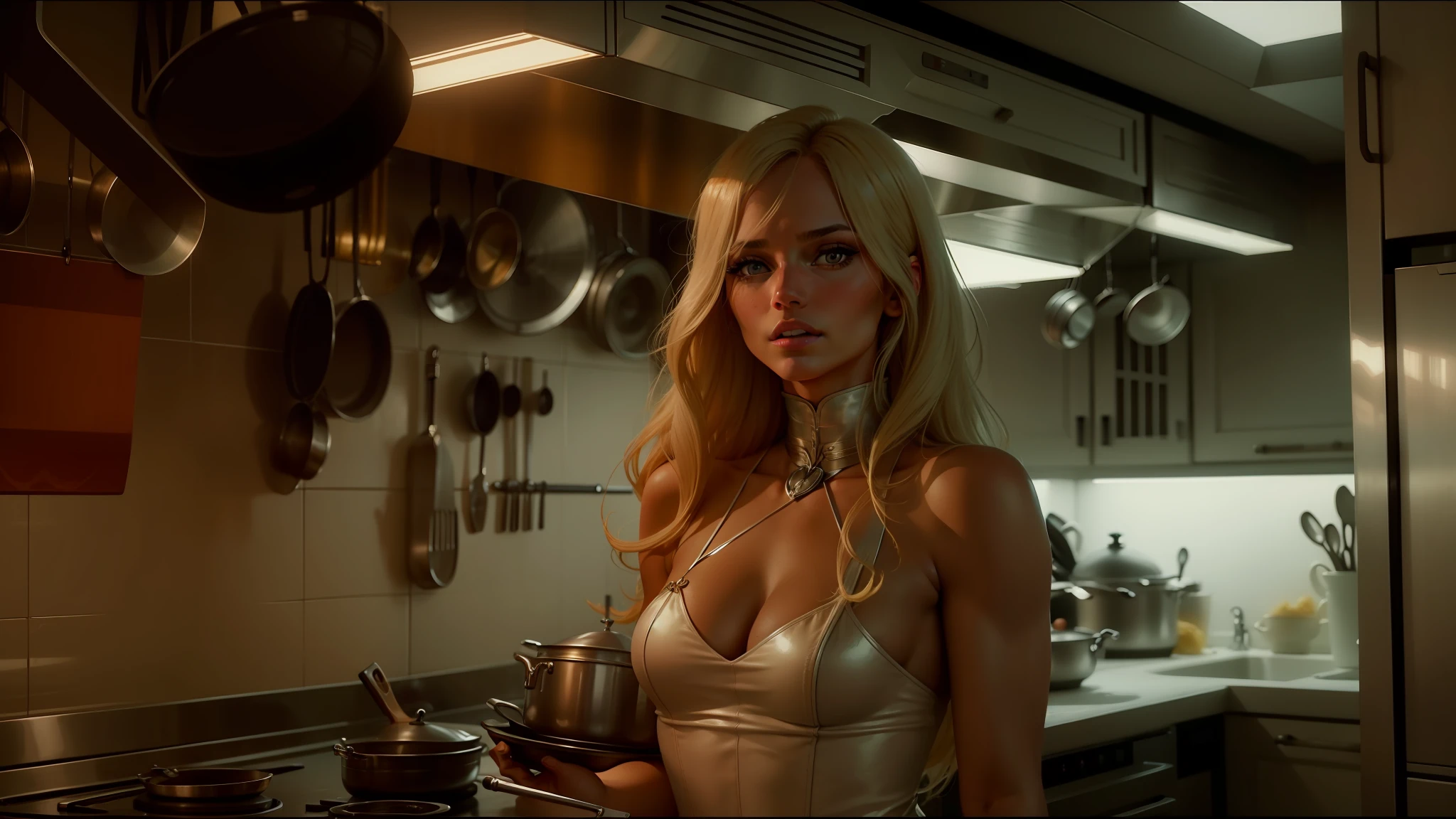 blond woman in a kitchen with pots and pans on the stove, abbey lee kershaw as emma frost, 2 0 2 1 cinematic 4 k framegrab, 7 0 s, shanina shaik as medusa, ari aster, britt marling style 3/4, no epaulettes, by Leila Faithfull, cinematic chiaroscuro, wearing leather, beautifully designed character --auto --s2