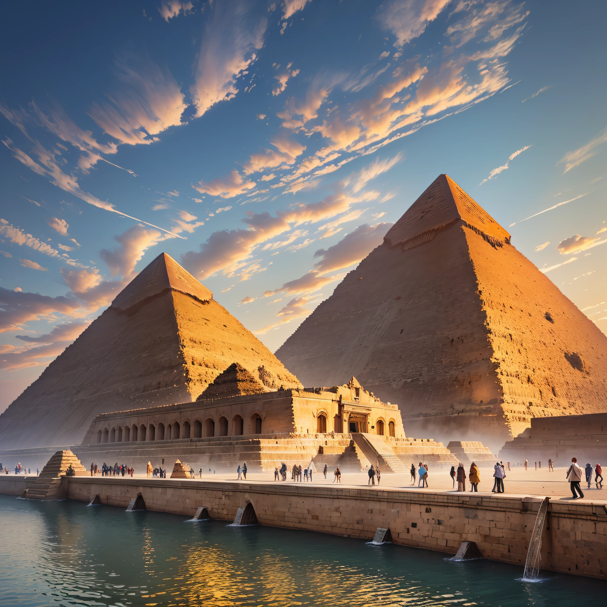 (Great Pyramid surrounded beautiful city, with lots of people strolling), landscape, water, (16k wallpaper of extremely detailed CG unit), most beautiful works of art in the world, majestic oil painting professional, intricate, high detail, sharp focus, dramatic and photorealistic painting art --auto --s2