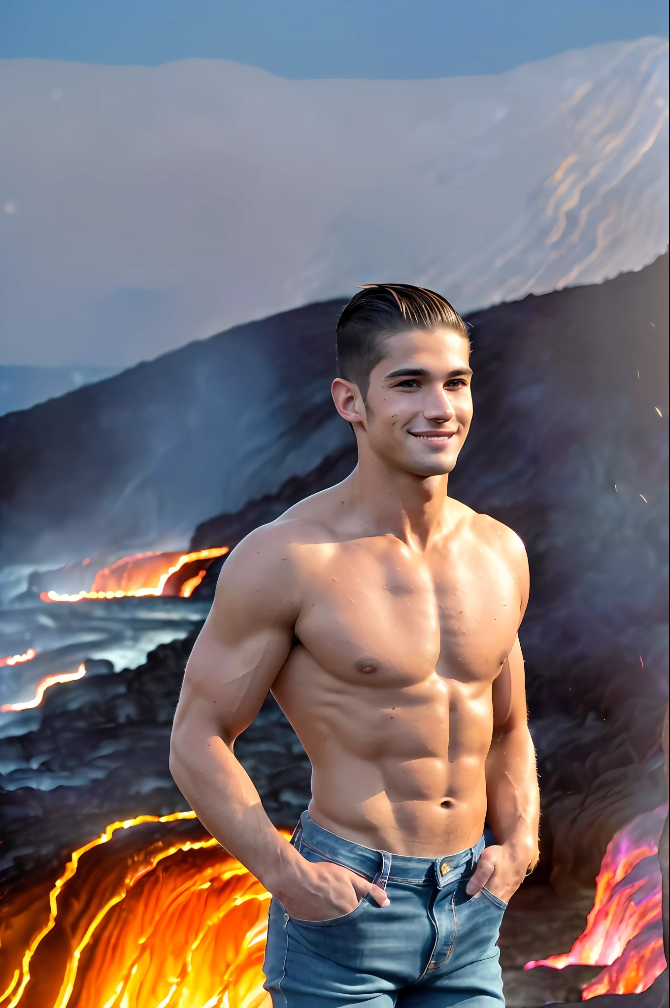 Handsome Francisco Portillo, 25 years old. (happy face), (dark blonde), (fit body: 1.5), (large muscle: 1.4), (lean muscle), proportionate body, blue eyes, ((dressed in tight jeans, ((topless)) . ((Side view)), ((Standing walking near a lava river on a moonlit night)) (close up image)