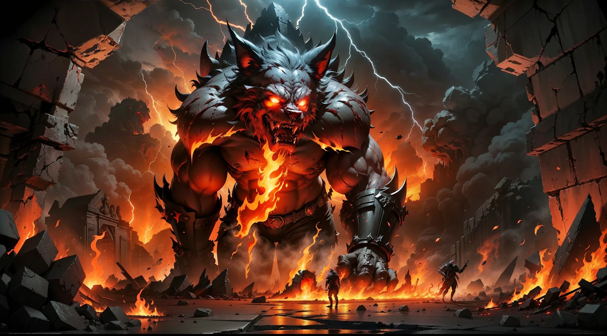 (The gates of hell that are lofty), the collapsed walls, ((the flames are everywhere)), (the clouds are overwhelmed), the eerie, the eerie, the smell of corruption, ((the cracked ground)), ((the flowing fiery red magma)), (blood))), ((lightning)), uneven roads, potholes, (((super huge and stout hellhounds))), (body wrapped around flames))), intestines pierced belly, face festering, ((roaring)), a warrior hunting, huge cracks in the stone wall, Gravel Block, Bleeding Eyes, Blood Red, Blood Red, (Large Pieces of Blood), Dark, Super Fine Face, Master Work, Super Fine, High Quality, 8K Quality, Cinematic Lighting, Dynamic Lens, 16K Resolution