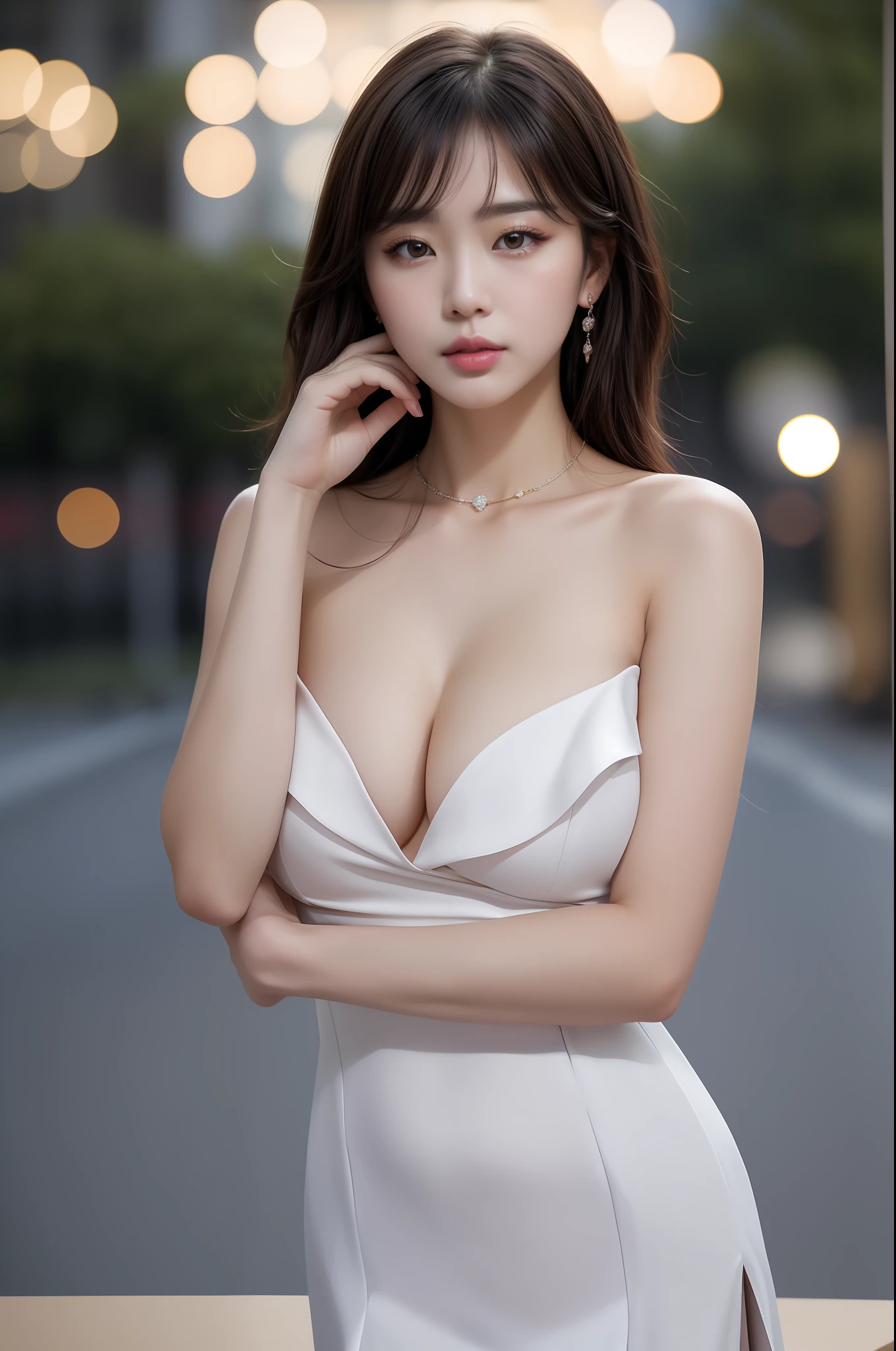 half-body photo of a korean girl, (Perfect beauty:1.37), ((platinum brown hair)), huge(((perfect natural breasts))), cleavage, ((dynamic pose)), sexy collarbone, oval face, double eyelids, smart peach blossom eyes, pink lips, small nose, bangs, (standing), earrings, ribbon choker, bare shoulders, (((Slit Evening Gown))), (Outdoor, Night, Bokeh:1.125), Park view, Super fine face, Fine eyes, Double eyelids, (Clear focus), (Realistic lighting, Best quality, 8K, Masterpiece: 1.43),