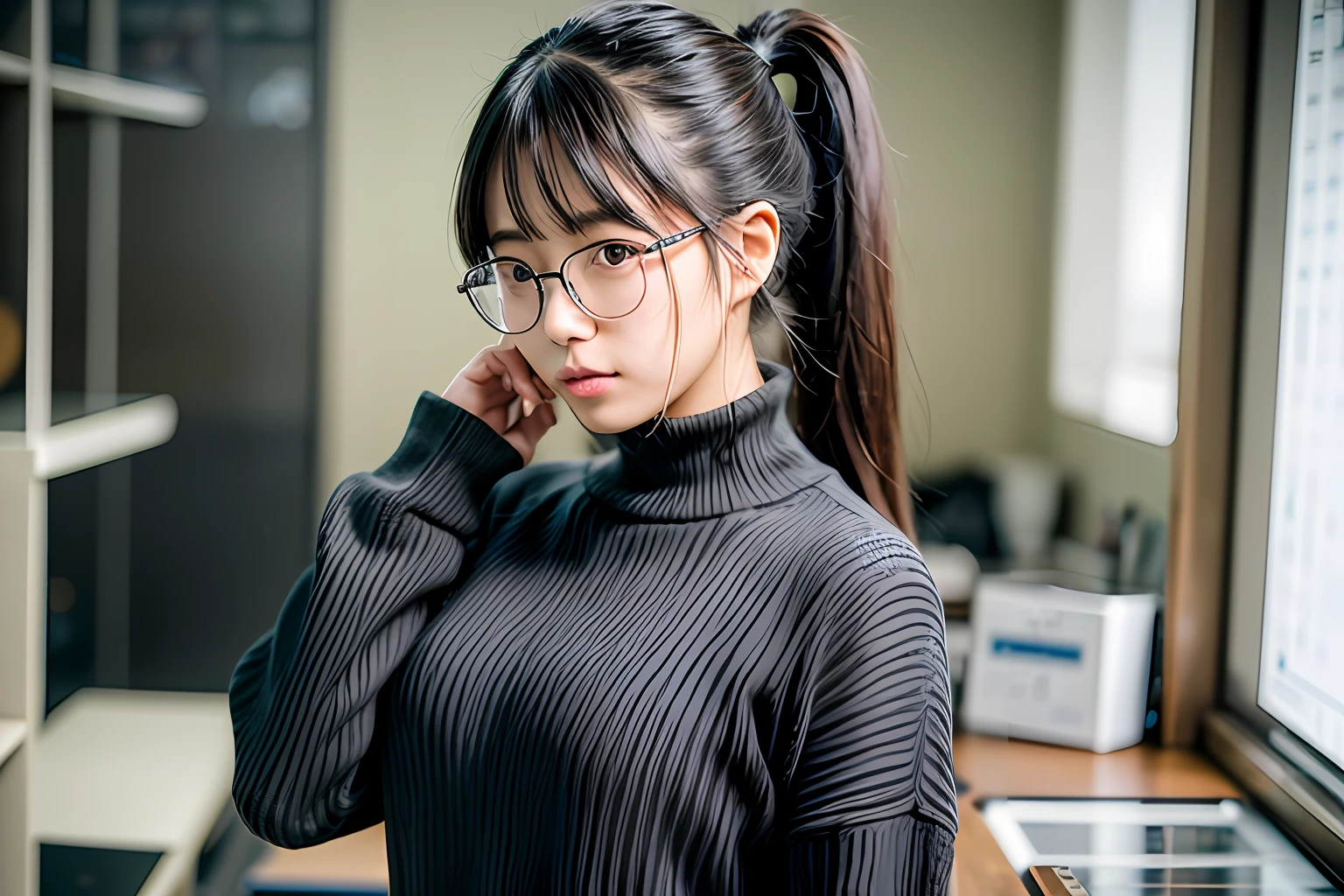 A 21-y-o Japanese woman is putting on her sweater in the laboratory, university student, dressing, detailed face and body, extremely detailed laboratory room, hyperrealistic detailed photo,(realistic:1.5), perfect body size, goddess body ratio, breathtaking view, ponytail hair, glasses woman, best quality, 8k, UHD, HDR, masterpiece