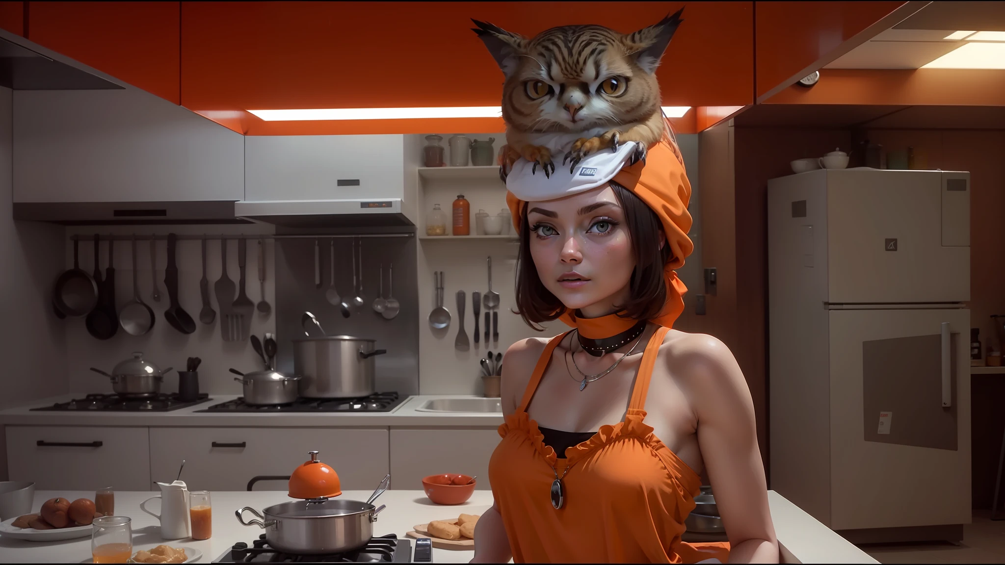 woman in orange dress with cat on head in kitchen with orange cabinets, in the movie 2001 a spaceodyssey, olivia wilde, charmed sexy look, emma stone with an owl, mila kunis wearing black choker, ffffound, wearing white chef hat, synthetic fur, sasha grey, stove, mascot, cooking, britt marling style 3/4 --auto --s2