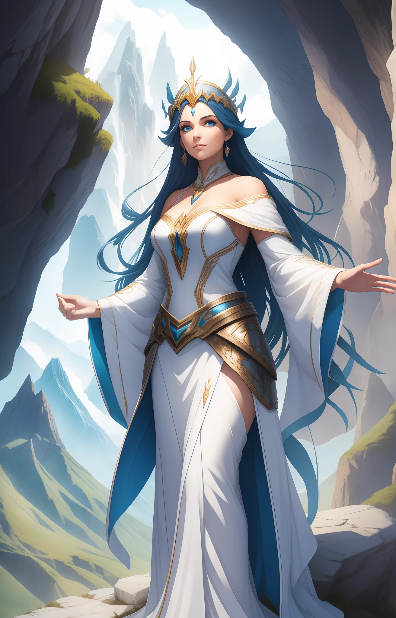 sorceress with white clothes with blue details, full body, on a cliff, mountains in the background, super detailed,