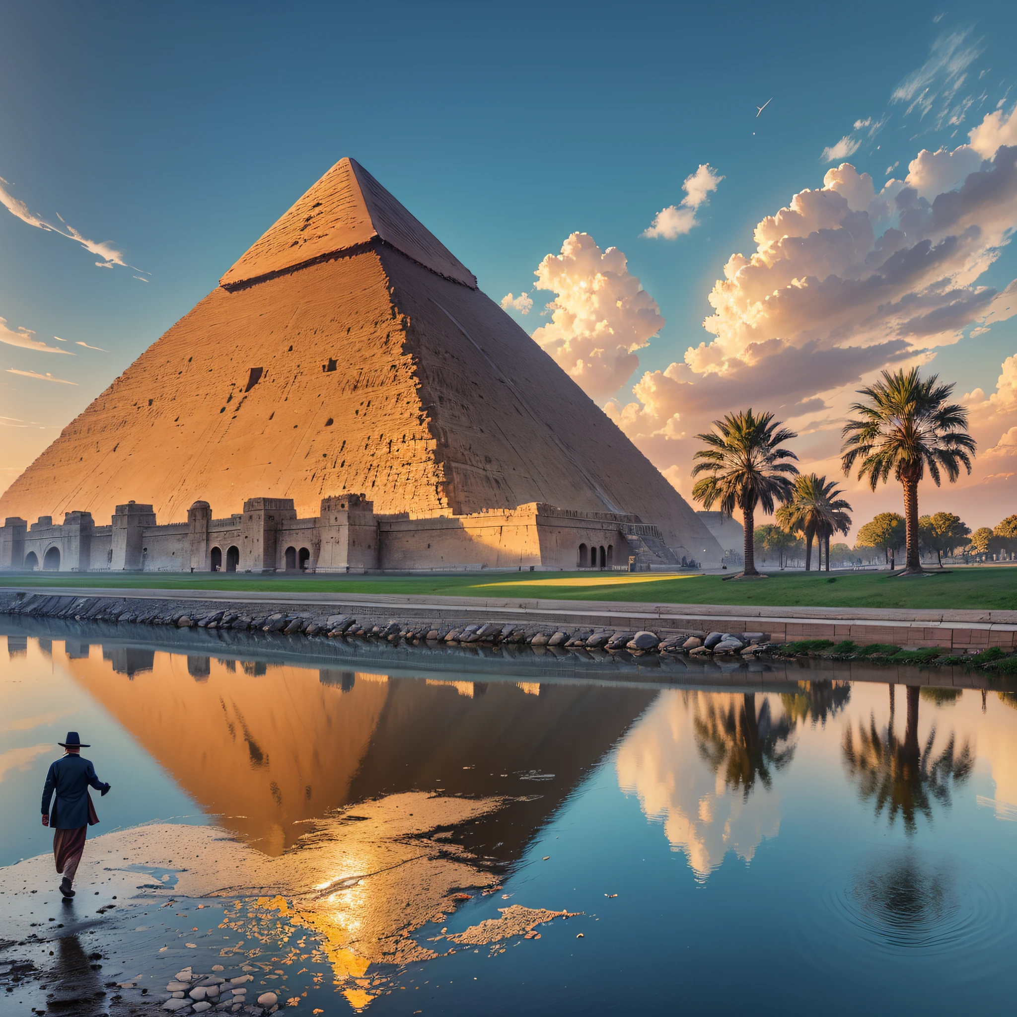 (Great Pyramid surrounded beautiful city, with lots of people strolling), landscape, water, (16k wallpaper of extremely detailed CG unit), most beautiful works of art in the world, majestic oil painting professional, intricate, high detail, sharp focus, dramatic and photorealistic painting art --auto --s2