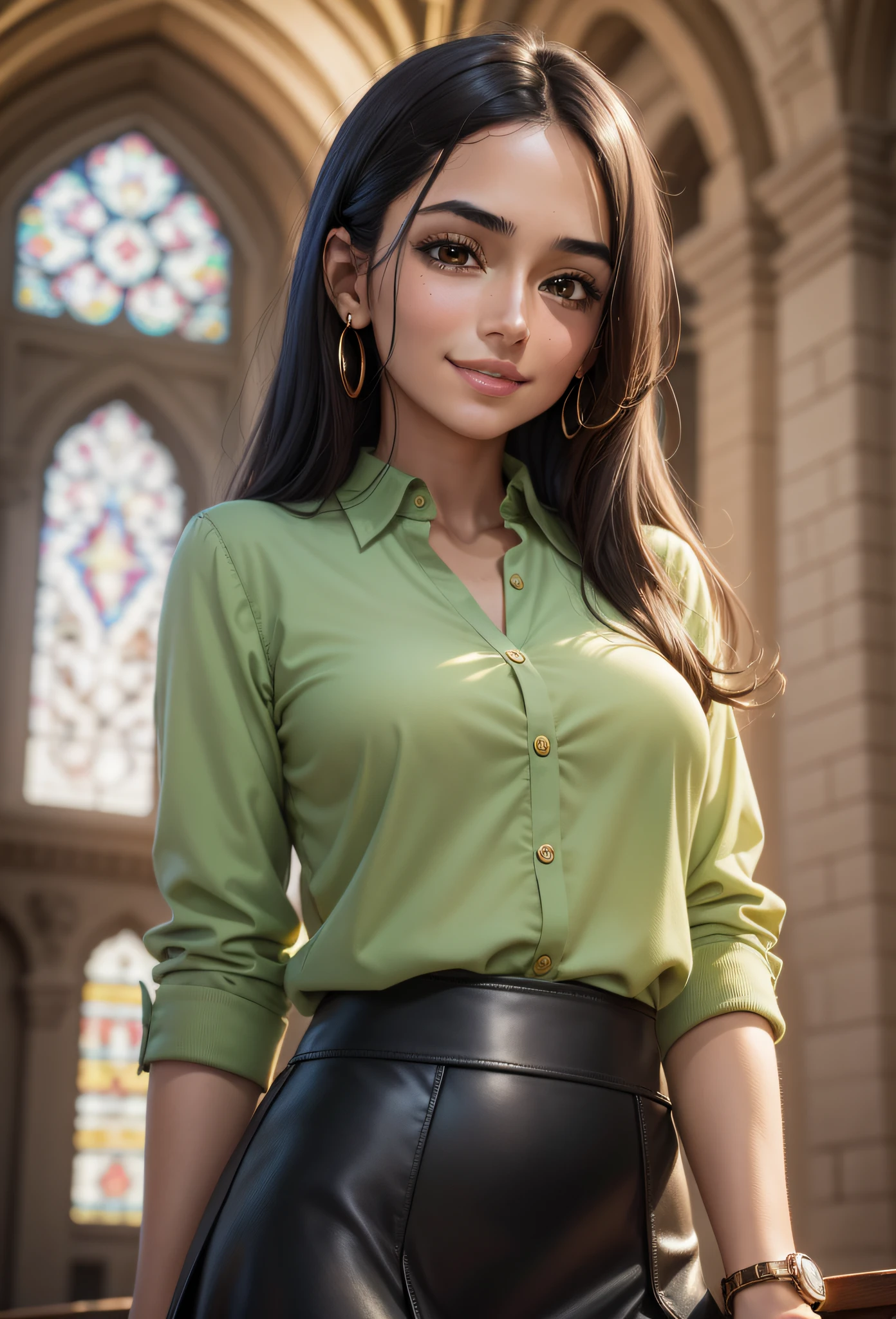 Latina woman, very thin, tanned skin, dark brown eyes, 23 years old, smiling, wearing green wool blouse, gold watch on wrist, long black skirt, inside an Adventist church, pose for photo, giselle itié, stock photo, by Emma Andijewska, by Jakob Gauermann, church, high quality photo, medium portrait, photo taken, set photo,  high resolution photo, religion, friendship, very expressive, realistic anime, drawn, 4k
