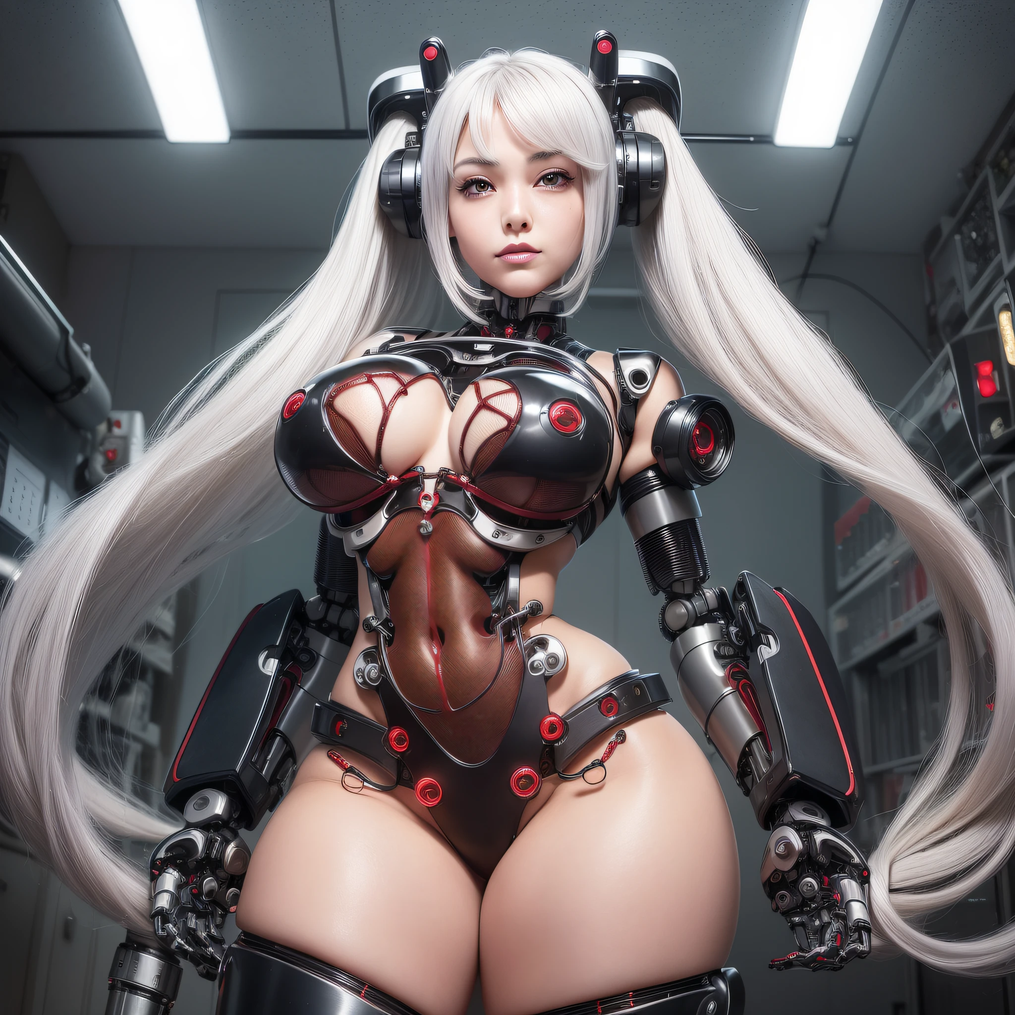 Beautiful Face,face is Japan, 1 Woman, Big, Curvaceous,(8k, RAW photo, top quality, masterpiece: 1.2)(Realistic, Photorealistic: 1.37) (Blood vessel attached to tube)((((Bikini Cyborg robot parts)))), (Light gray hair), Long hair, Wavy hair, Twin tails, Medium shot, ((Seductive smile) ), (Black Eyes), Hime Cut,From Below,(whole body),posing,,Inside the lab,( Blood vessel connected to a tube),((Mechanical vertebrae attached to the back)),((Mechanical neck attached to the neck)),(Wire and cable attached to the head and body),(Character Focus),Science Fiction,