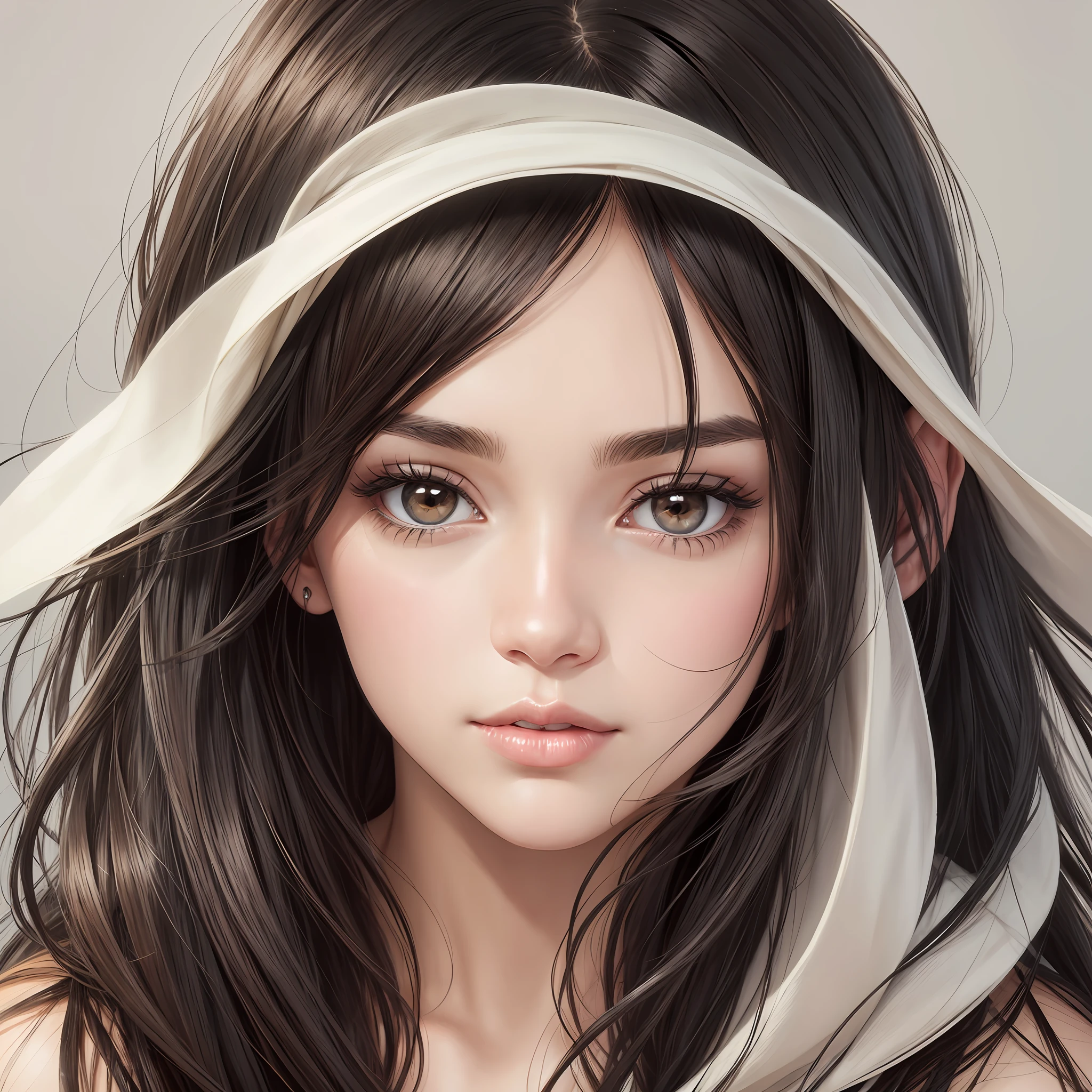 Draw a white woman, with straight black hair, light brown eyes, oval face. --auto --s2