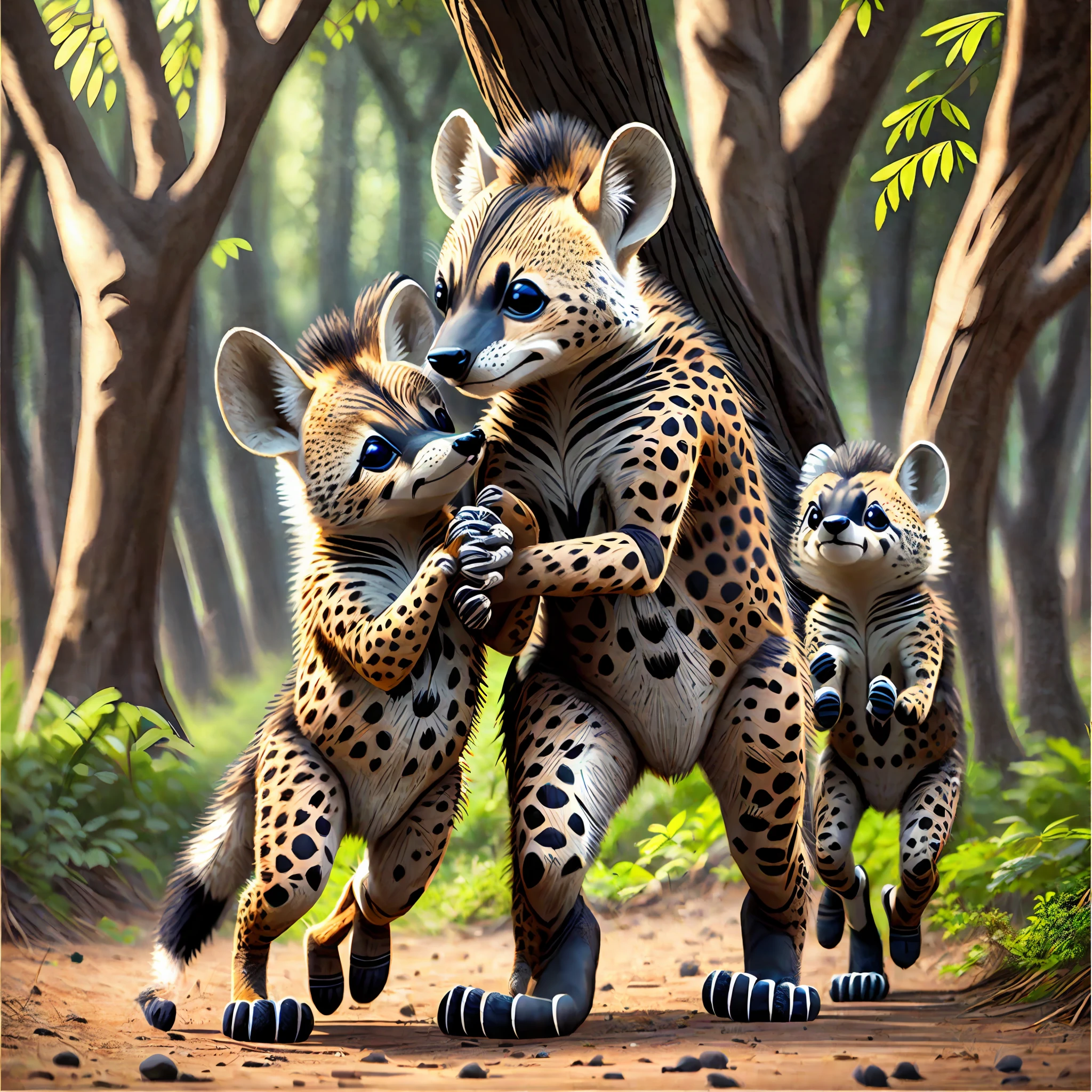 Cute spotted hyenas dancing hand in hand with cute animals in the forest --auto --s2