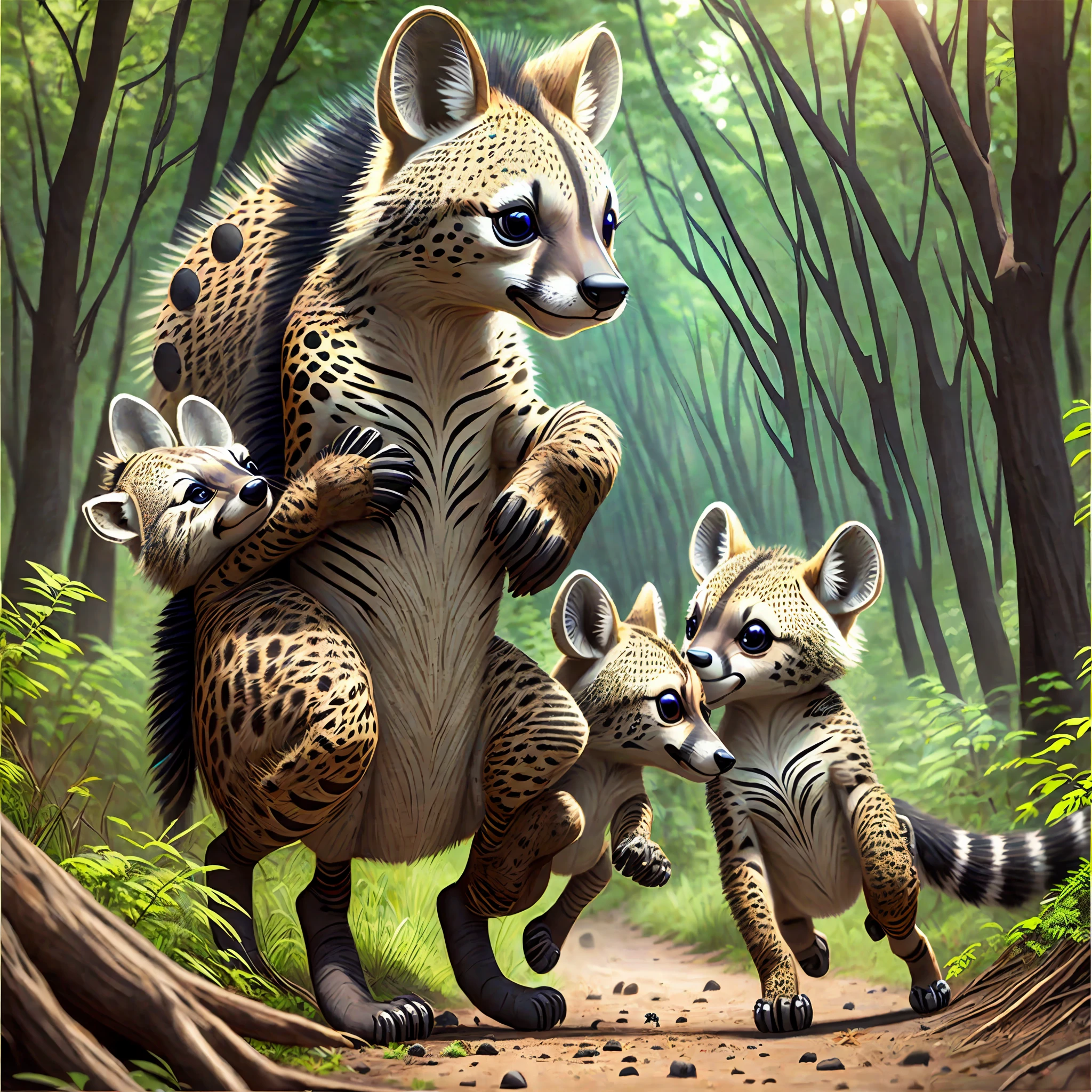 Cute spotted hyenas dancing hand in hand with cute animals in the forest --auto --s2