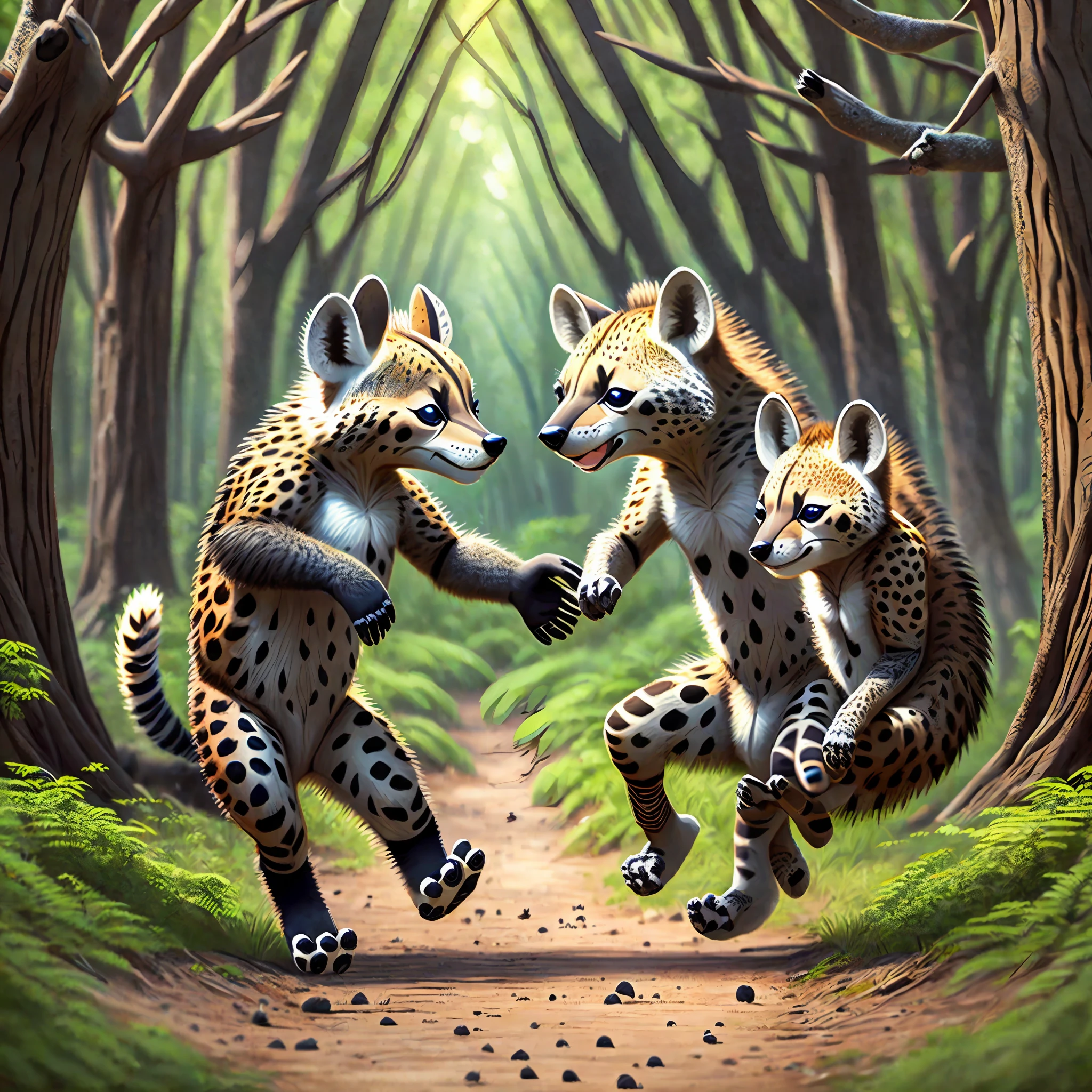 Cute spotted hyenas dancing hand in hand with cute animals in the forest --auto --s2