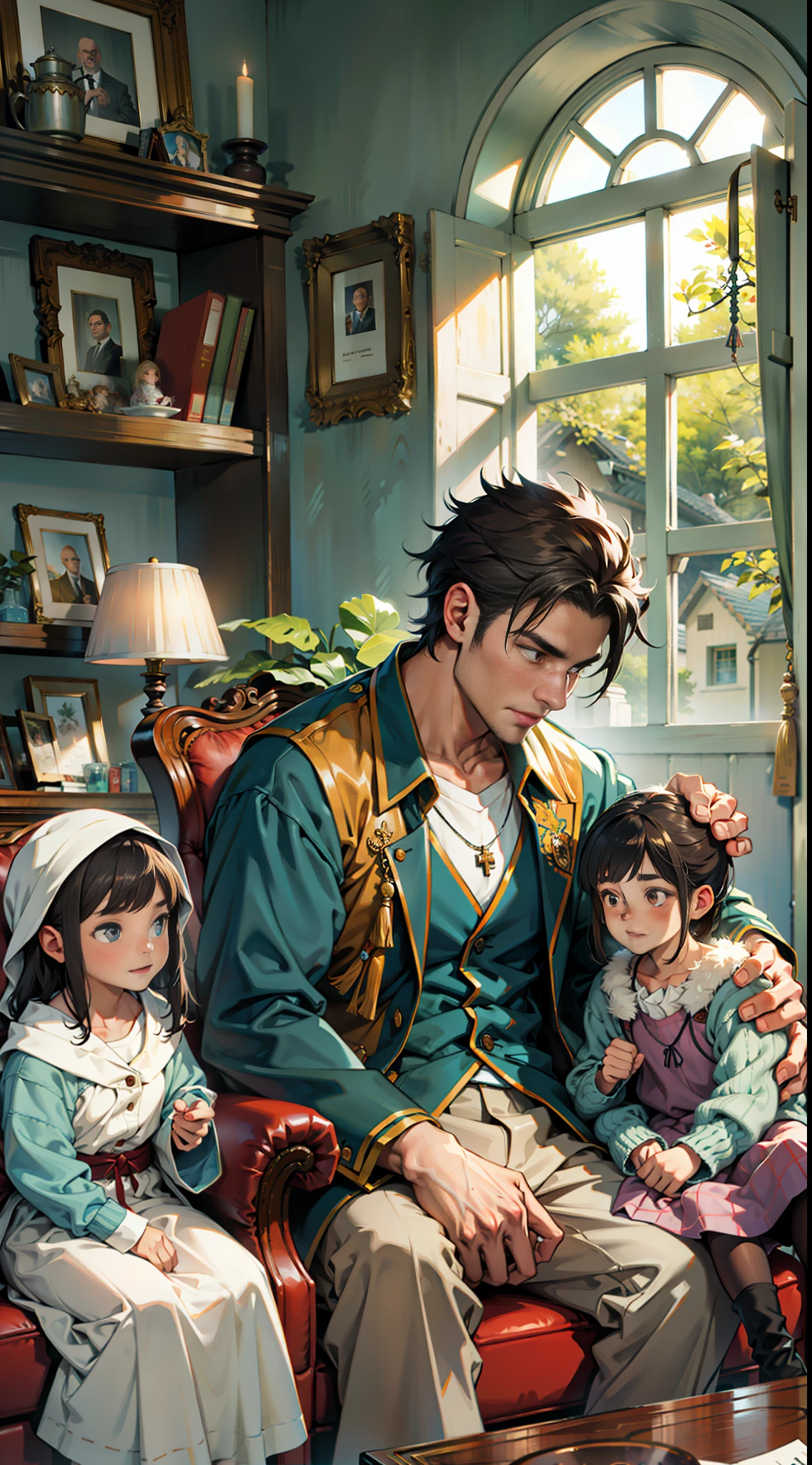 A cozy family where the father rests in a comfortable chair and the children surround him and talk to him affectionately.