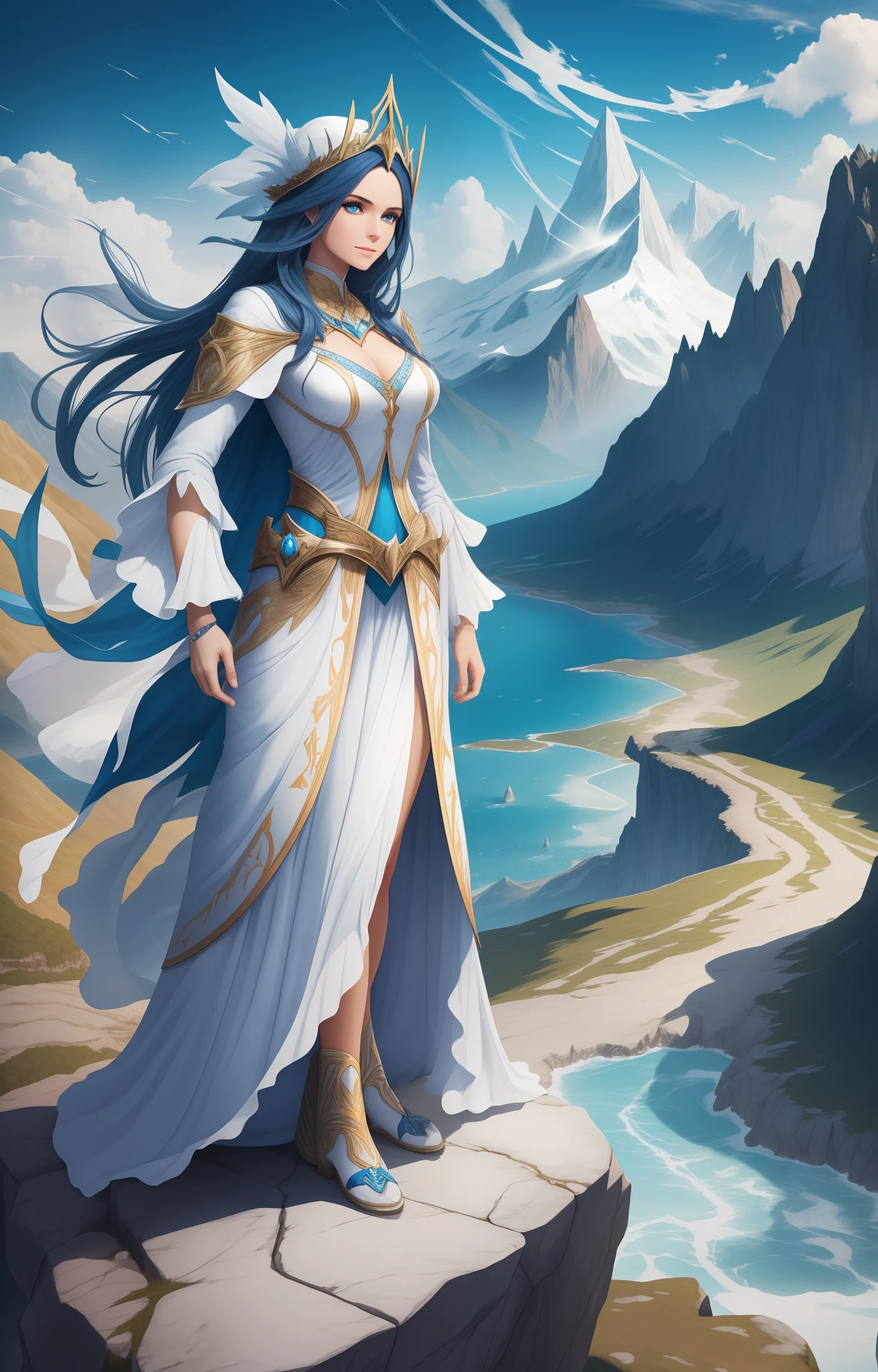 sorceress with white clothes with blue details, full body, on a cliff, mountains in the background, super detailed,