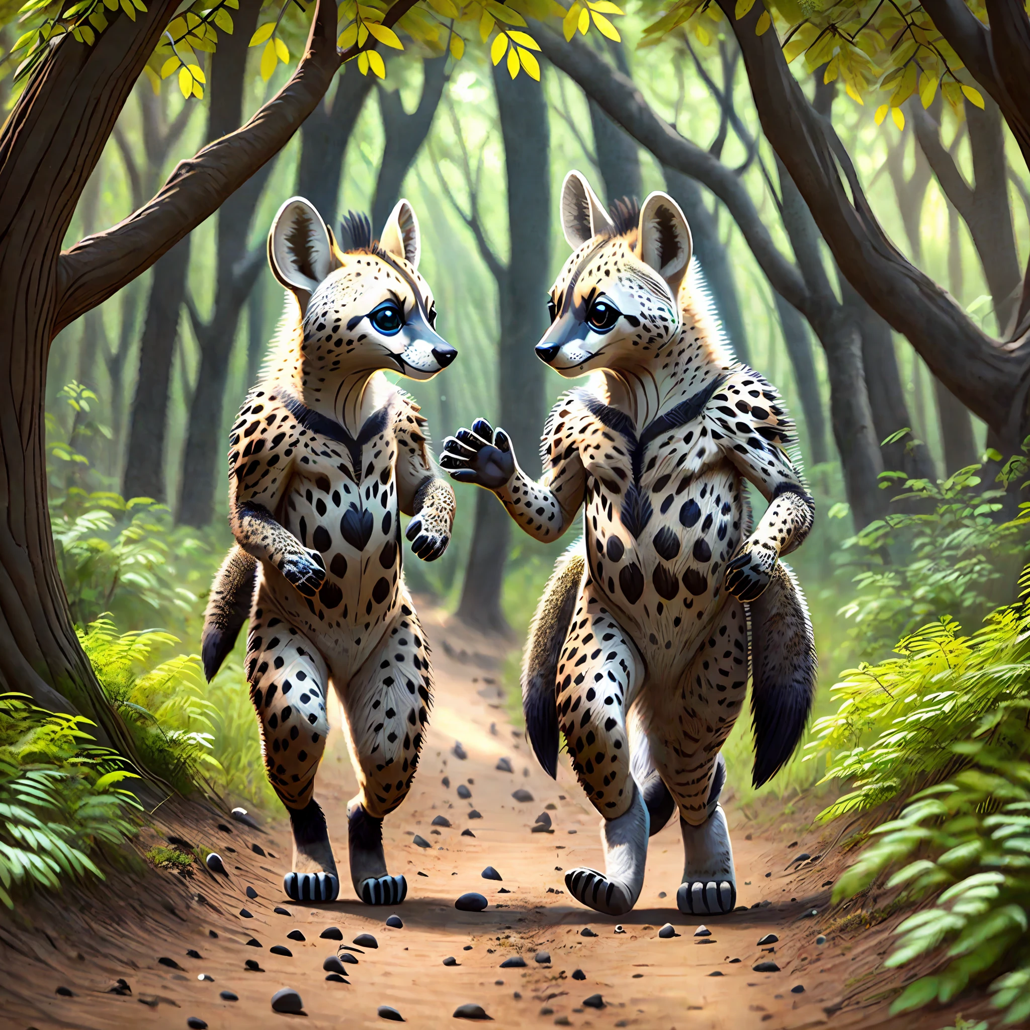 Cute spotted hyenas dancing hand in hand with cute animals in the forest --auto --s2