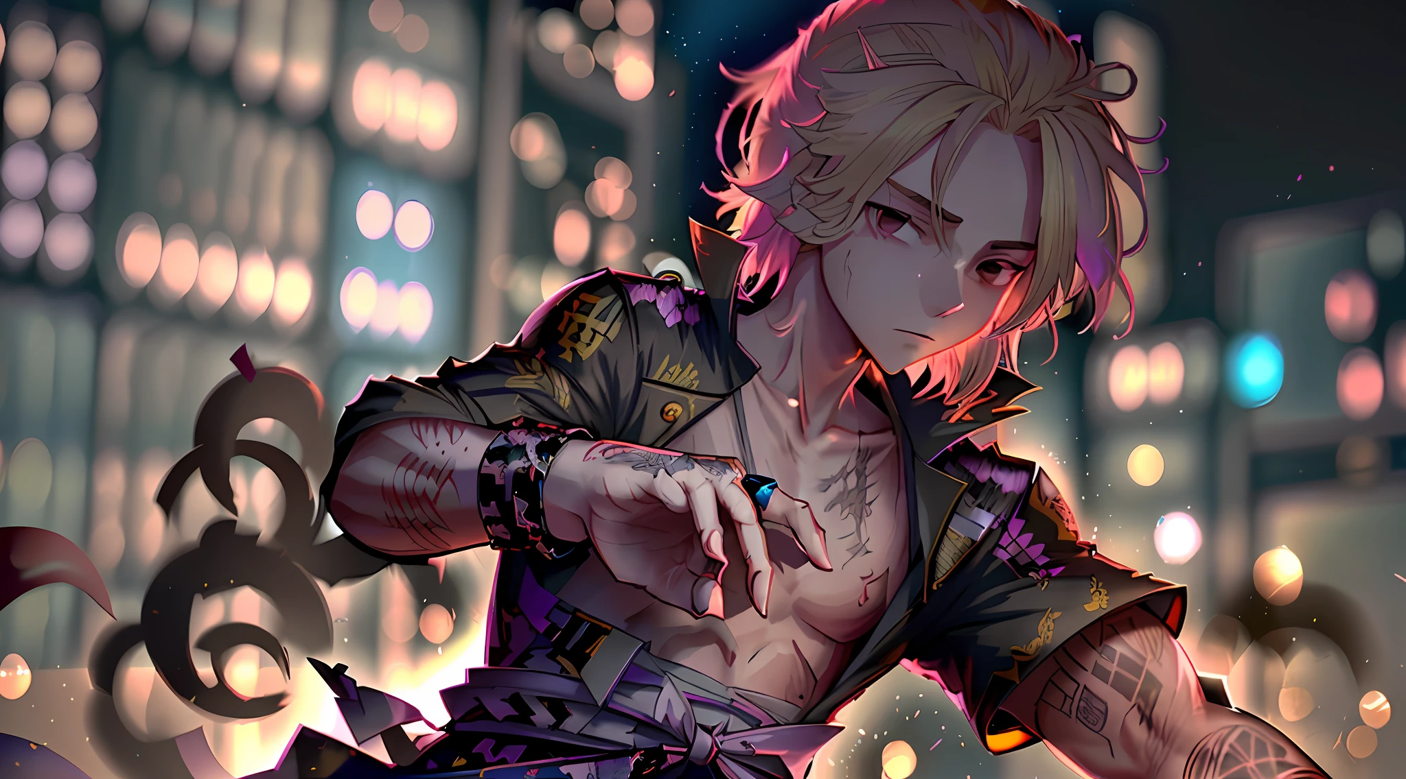 (extremely detailed CG 8k wallpaper unit, masterpiece, best quality, ultra-detailed), (better lighting, better shadow, an extremely delicate and beautiful), dynamic angle, dynamic pose, (1 male character), Tokyo Revengers, Manjiro Sano, blonde hair, vicious expression, aggressive look, (tattoo on left arm + scar on right eye: 1.2), Tokyo cityscape, neon lights, midnight,  intense atmosphere, man, anime, japanese anime, aggressive colors, character faithful to Tokyo revengers anime, manjiro sano from Tokyo Revengers, mikey from Tokyo Revengers, anime Tokyo revengers, anime, anime, blonde hair, blonde hair, anime graphics, anime graphics.