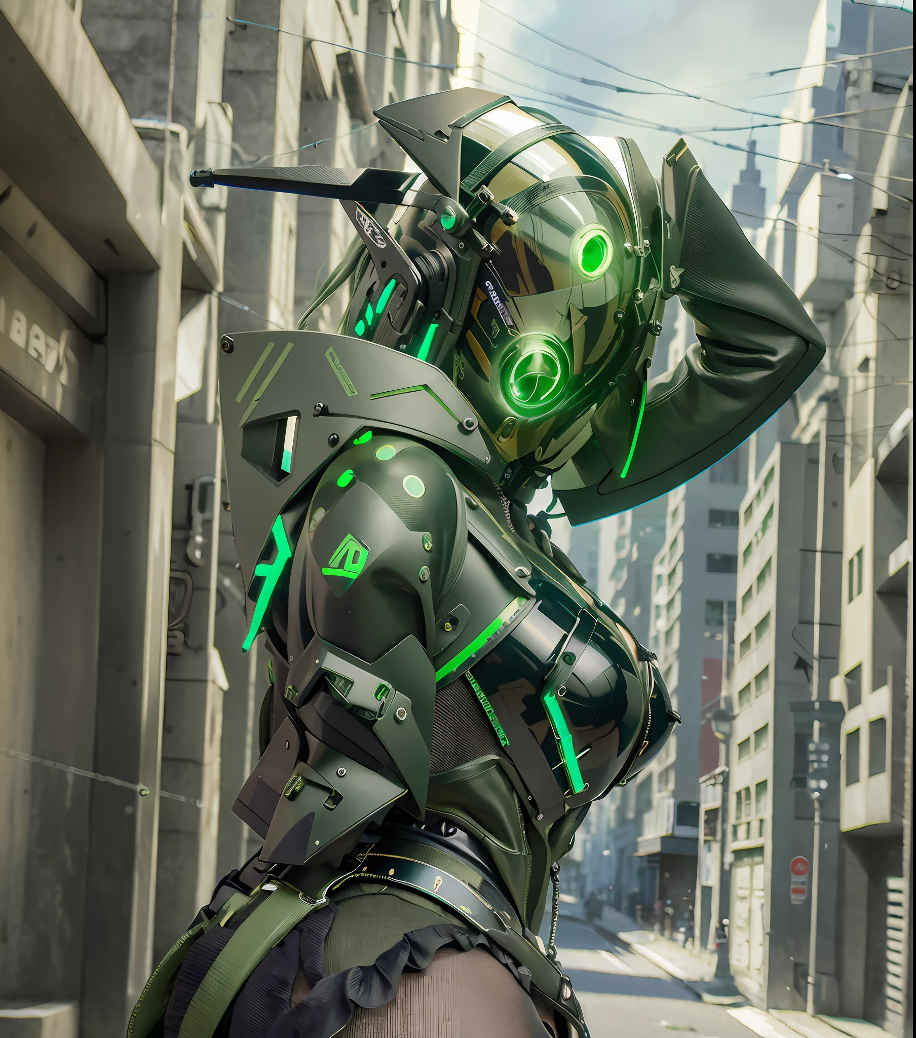 Original, masterpiece, top quality, cyborg woman in a green circle illuminates cyber helmet with black colored ears, black jacket, sunny day, on the street