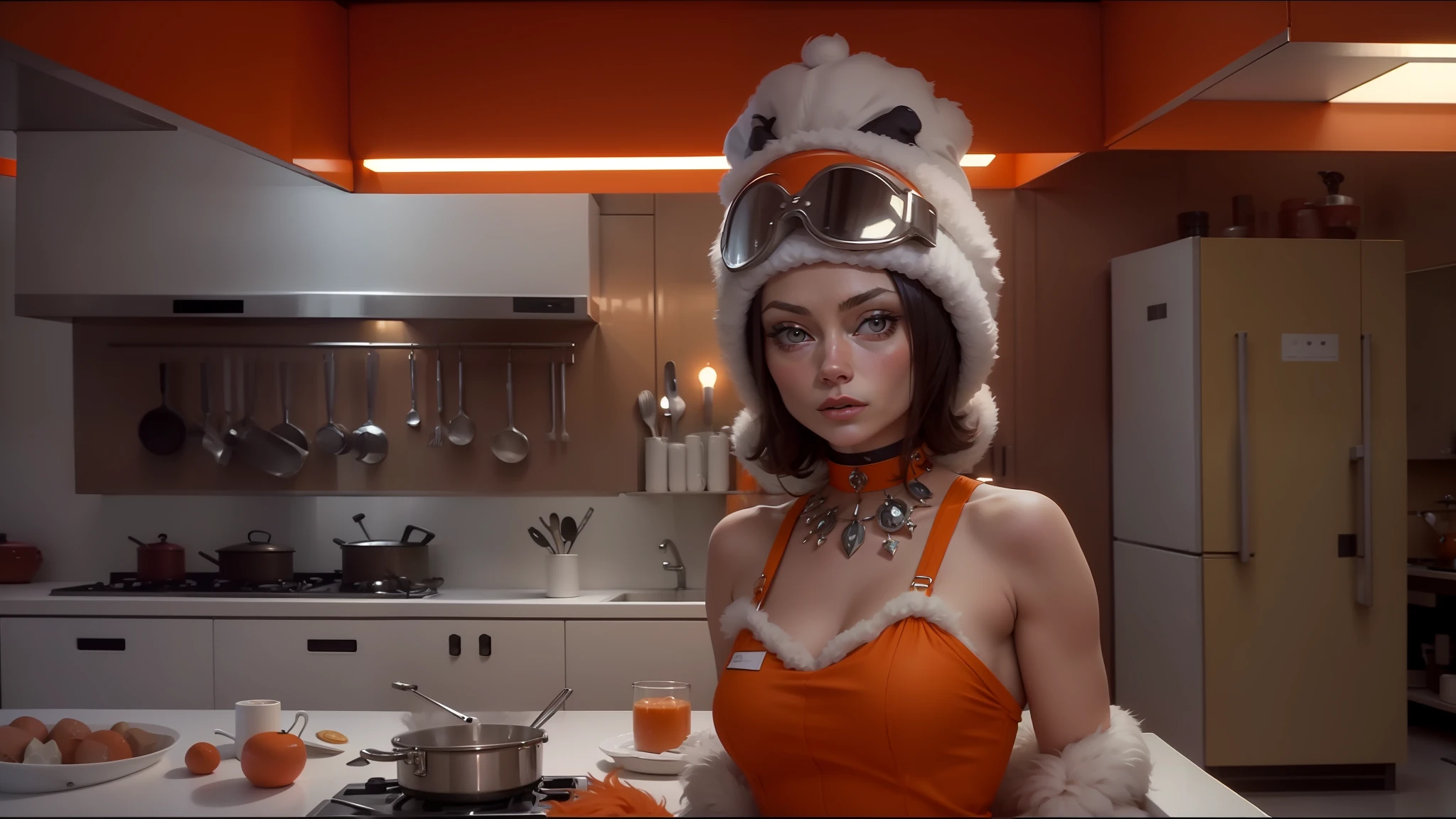 woman in orange dress with fur hat on head in kitchen with orange cabinets, in 2001 film spaceodyssey, olivia wilde, enchanted sexy look, emma stone, mila kunis wearing black choker, ffffound, wearing white chef hat, faux fur, sasha grey, stove, kitchen, britt marling style 3/4 --auto --s2