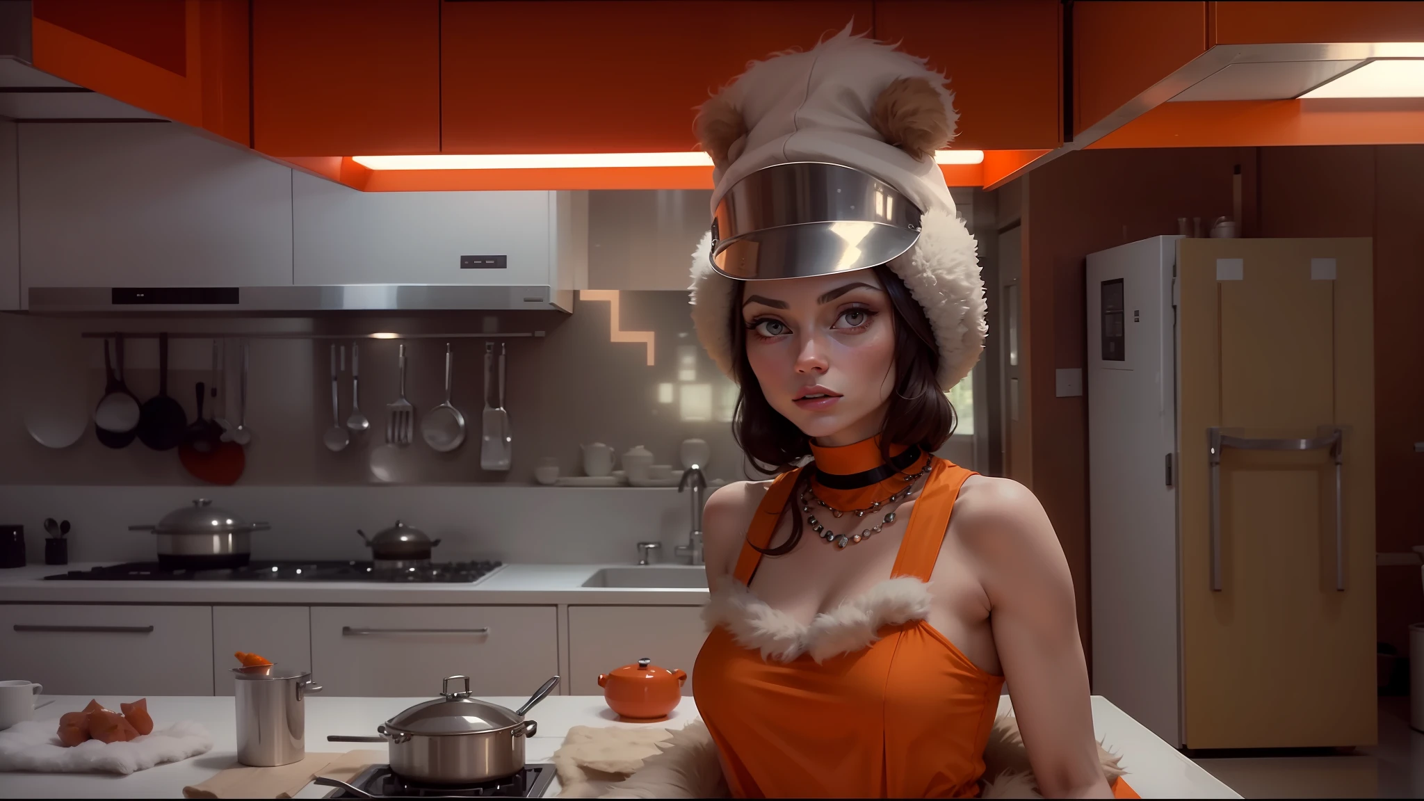 woman in orange dress with fur hat on head in kitchen with orange cabinets, in 2001 film spaceodyssey, olivia wilde, enchanted sexy look, emma stone, mila kunis wearing black choker, ffffound, wearing white chef hat, faux fur, sasha grey, stove, kitchen, britt marling style 3/4 --auto --s2