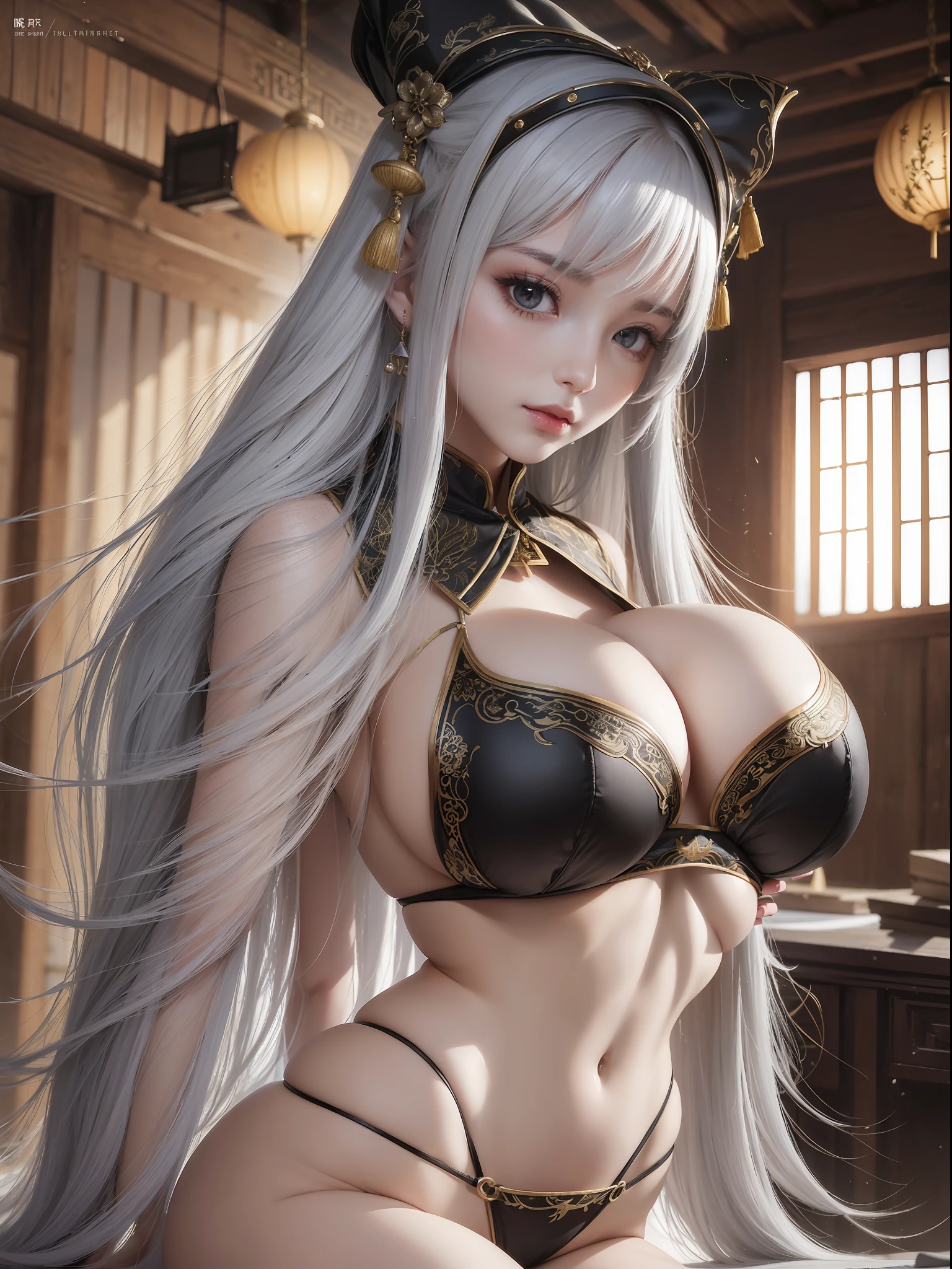 ((4K, masterpiece, highest quality)), ink painting, Chinese traditional ink painting, han clothing, maxi kit, modest clothing, 1 girl, solo, gray hair, long hair, Caucasian person, bikini, looking at the beholder, bullying, official art, unity 8k wallpaper, ultra detailed, beautiful and aesthetic, beautiful, masterpiece, best quality, a girl has beautiful face, looking at viewer, long hair, big hip , perfeect kawaii face, slender body, beautiful body, sexy pose, from bellow, abs, (huge boobs, large breasts, big tits:1.3), saggy boobs